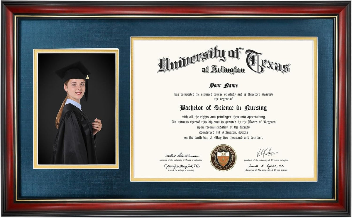 GraduationMall 11x19 Cherry Diploma and Photo Frame for 8.5x11 Certificate,5x7 Picture,Tempered Glass,Navy Blue over Gold Double Mat