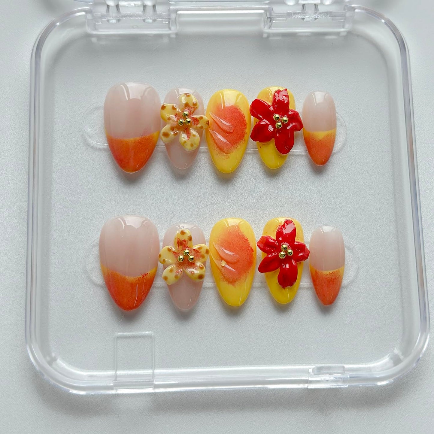 Luxury Press on Nails Short Almond Handmade 3D Unique Reusable ABS Material Fake Nails French Tip False Nails with Designs Flower Yellow&Pink Glossy Glue on Nail Thick Acrylic Nail(M)