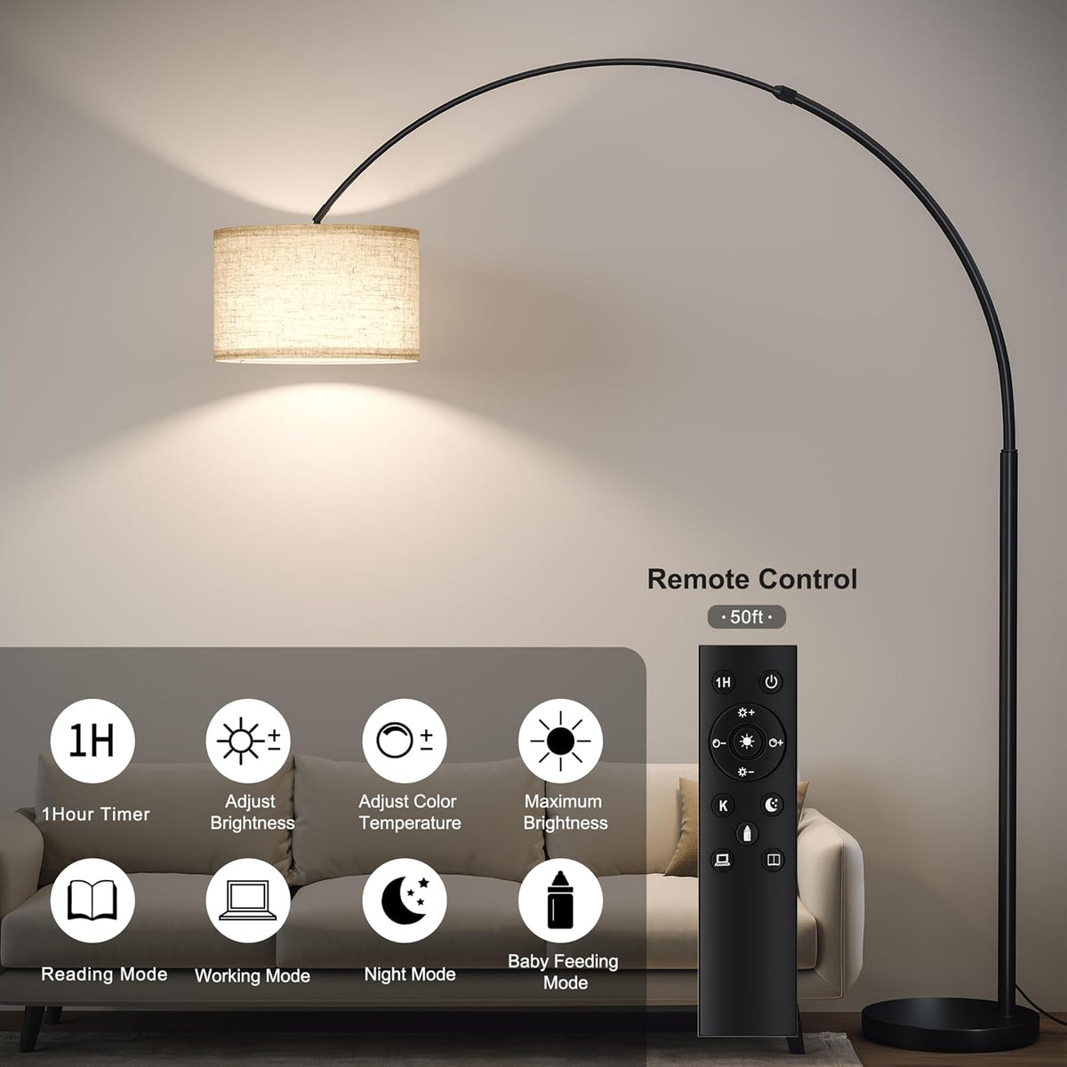 SUNMORY 82" Tall Arc Floor Lamps for Living Room, Large Floor lamp with Remote Control, Modern Curved Floor lamp, Corner Lamp for Dining Room, Office
