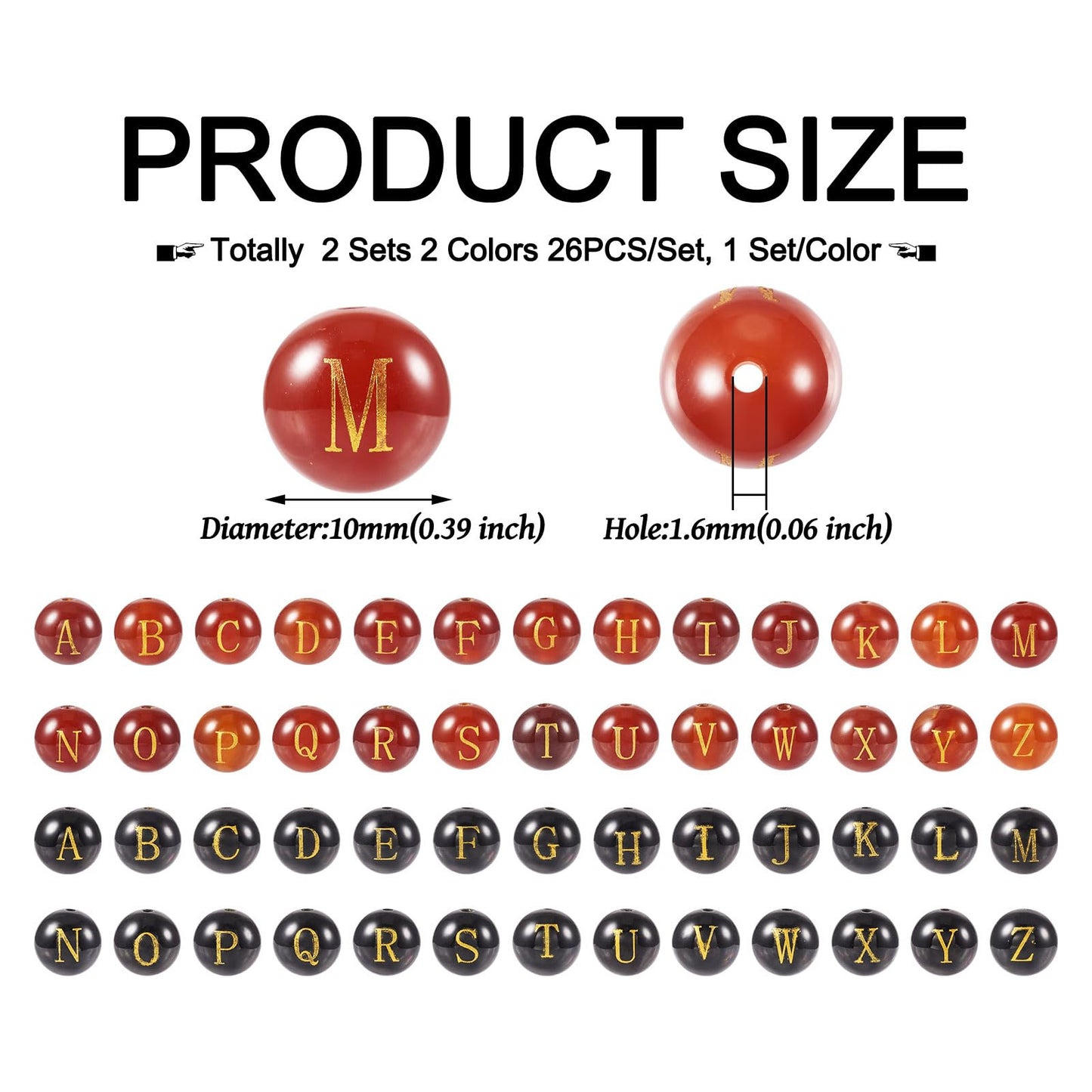 52Pcs 10mm Natural Agate Gemstone Beads A~Z Letter Beads Black Red Agate Stone Bead Natural Round Gemstone Alphabet Bead for DIY Name Bracelet Jewelry Making