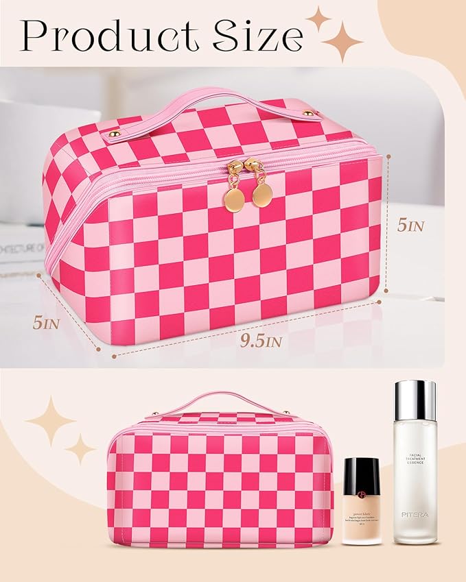 Bistup Makeup Bag Travel Cosmetic Bag Toiletry Make Up Bags Cute Women Large Capacity Big Medium Leather Checkered Plaid Hotpink Aesthetic Girl Teen Teenage Foldable Expandable Open Flat Zip