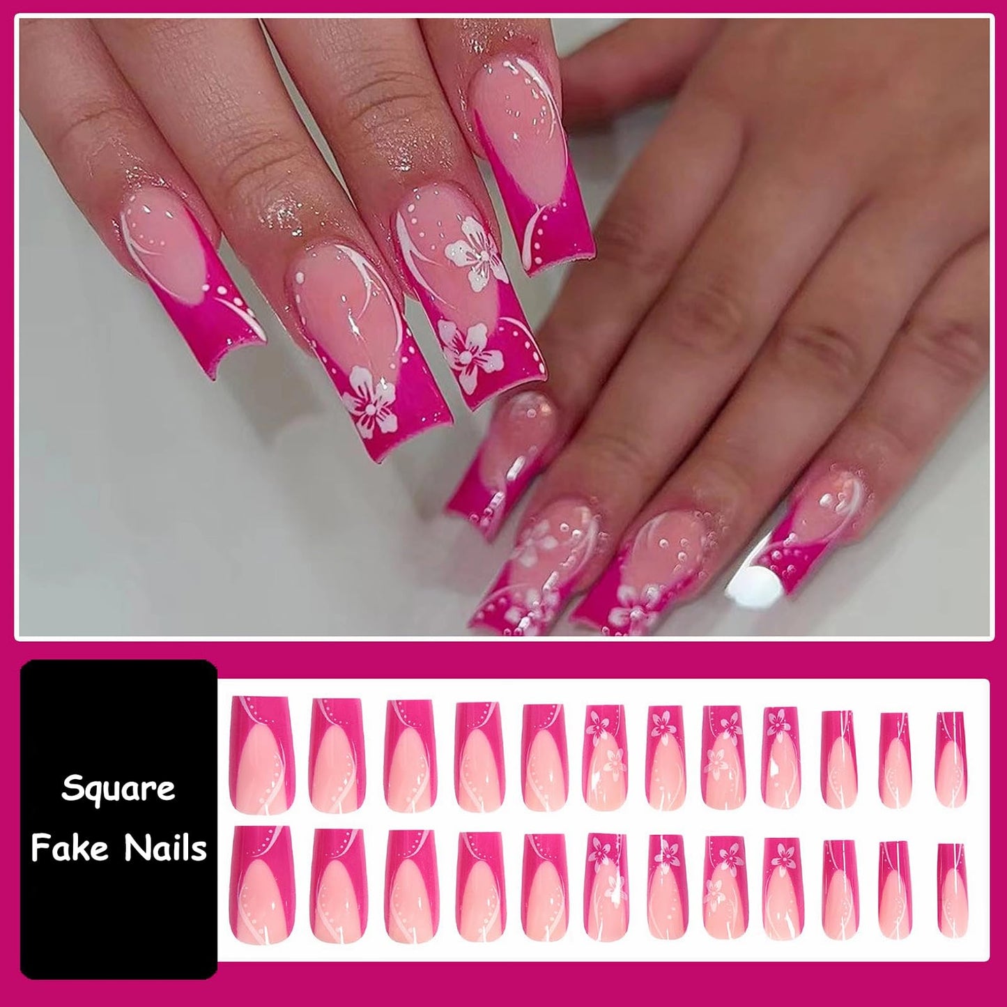 MISUD Press on Nails - Long Square Glue on Nails with Hot Pink, Acrylic Summer Flower Design 24 pcs