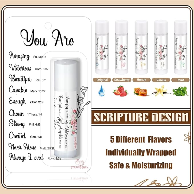 100 Pack Christian Religious Gifts Bulk Bible Verse Lip Balms 5 Flavor for Women Men Christian Religious Church Party Favors with Scripture Inspirational Gifts for Coworkers Staff (Classic)