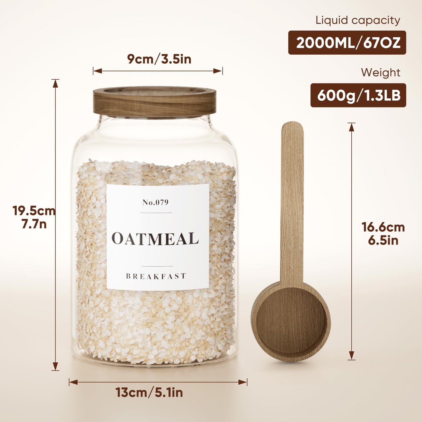 2 PCS Flour Sugar Storage Containers Glass, Large Glass Food Storage Jars with Wood Airtight Lids, 132 Pantry Labels and 2 spoon for Coffee, Flour, Sugar, Spice (70 oz/2000 ml)