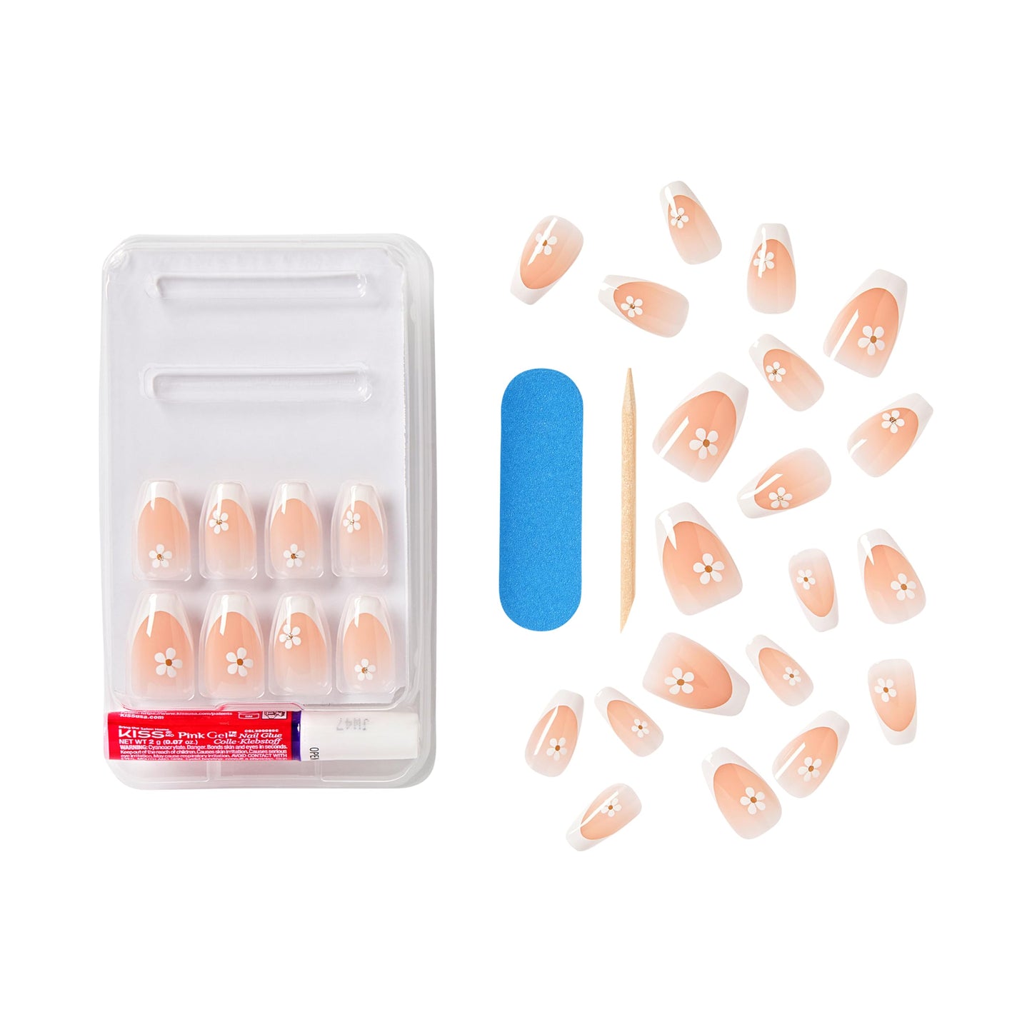 KISS | The Summer I Turned Pretty French Tip Press On Nails, ‘Sunlit Days’, Medium Coffin, Includes Pink Gel Nail Glue (2g), Mini Nail File, Cuticle Stick, & 28 Fake Nails