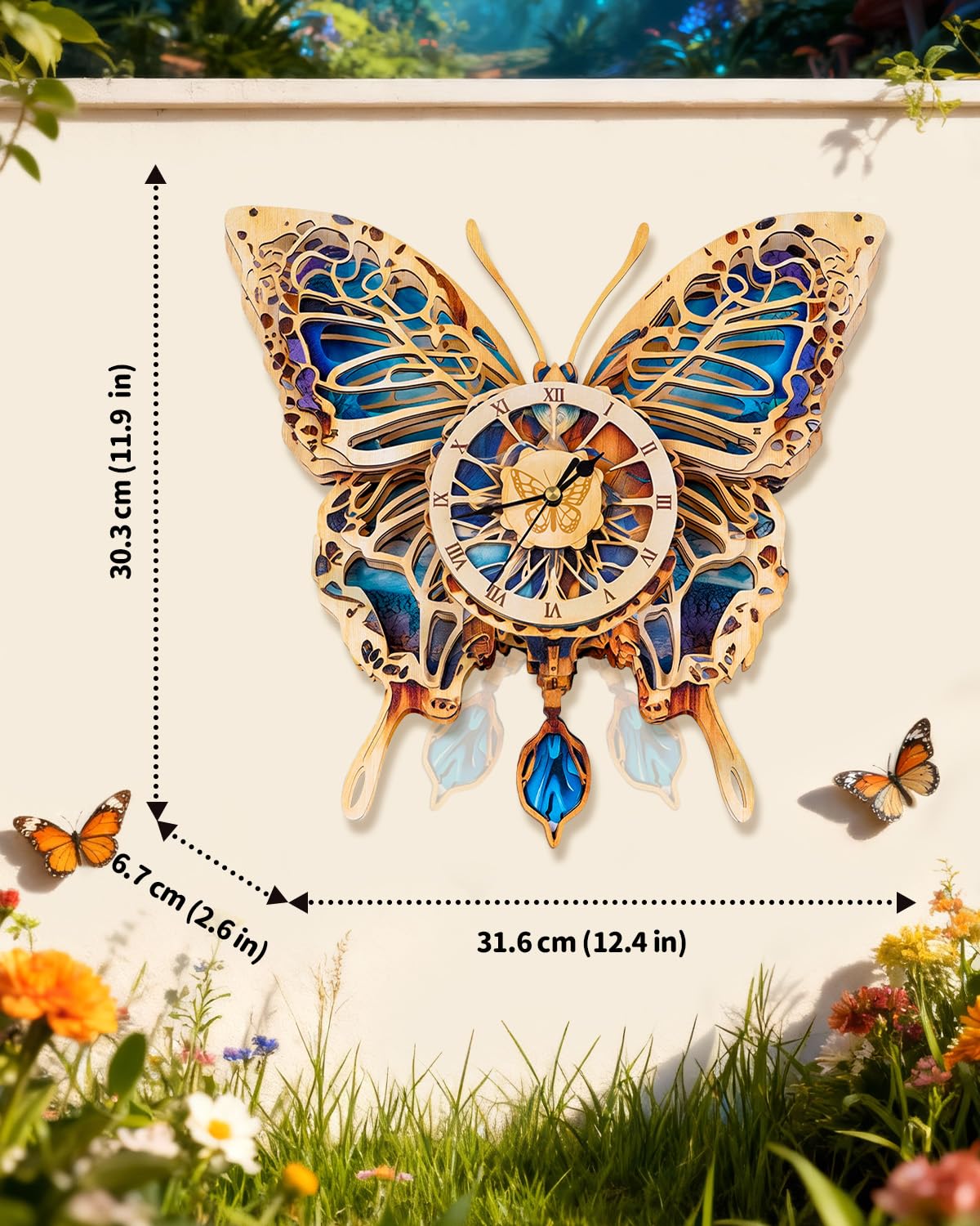 Rnfinewow 3D Puzzles for Adults, Butterfly Design Clock Kit with Pendulum, Beginner 3D Wooden Puzzles Model Kit DIY Crafts for Office Wall Decor Hobbies Birthday Christmas Idea Gift