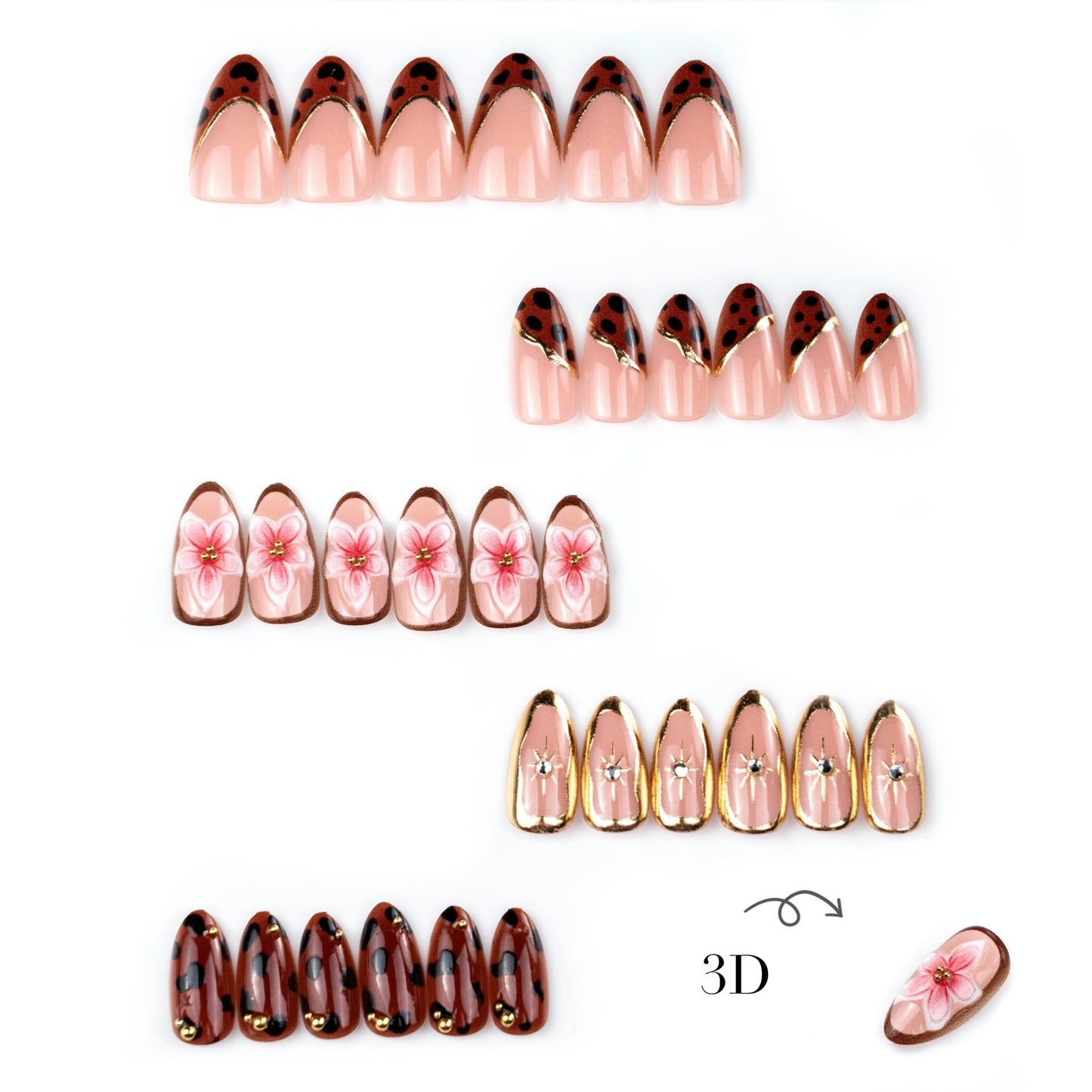 Medium Press on Nails Almond Fake Nails Brown Artificial Nail Tortoise Stick on Nail with 3D Flower Gold Frame Rhinestone Accent for Women 30pcs