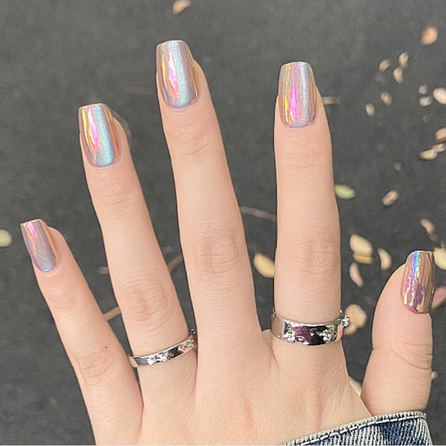 Square Press on Nails Short Gold Chrome Fake Nails Shiny Mirror Acrylic Nails Aurora Glue on Nails Glossy Bling Artificial False Nails Stick on Nails for Women Girls Nails Decoration 24 Pcs