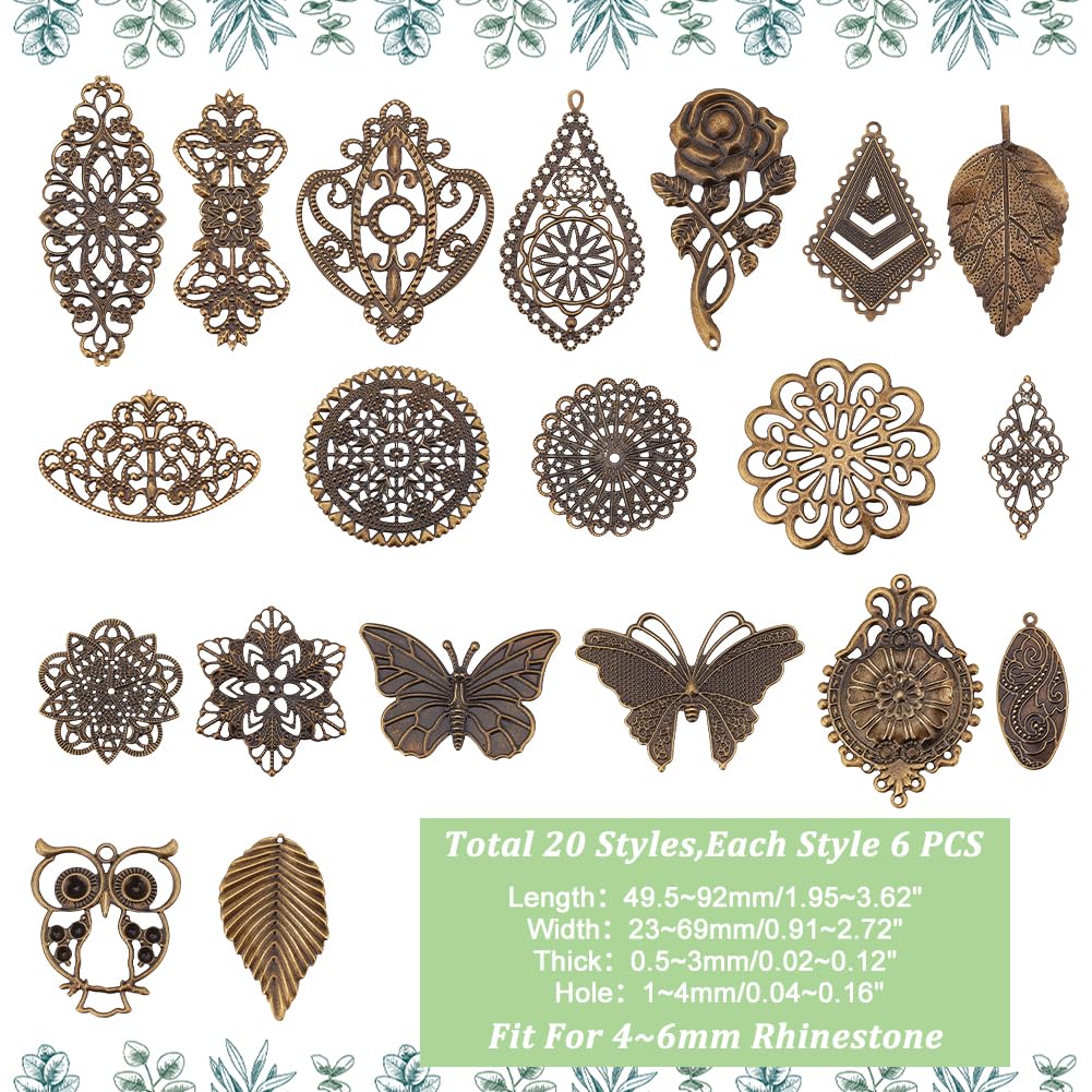 PH PandaHall 120pcs Filigree Metal Embellishments 19 Style Filigree Connectors Charms Antique Bronze Flower Animal Pendants for Steampunk Mixed Media Art Hairpin Headwear Necklace Jewelry Making