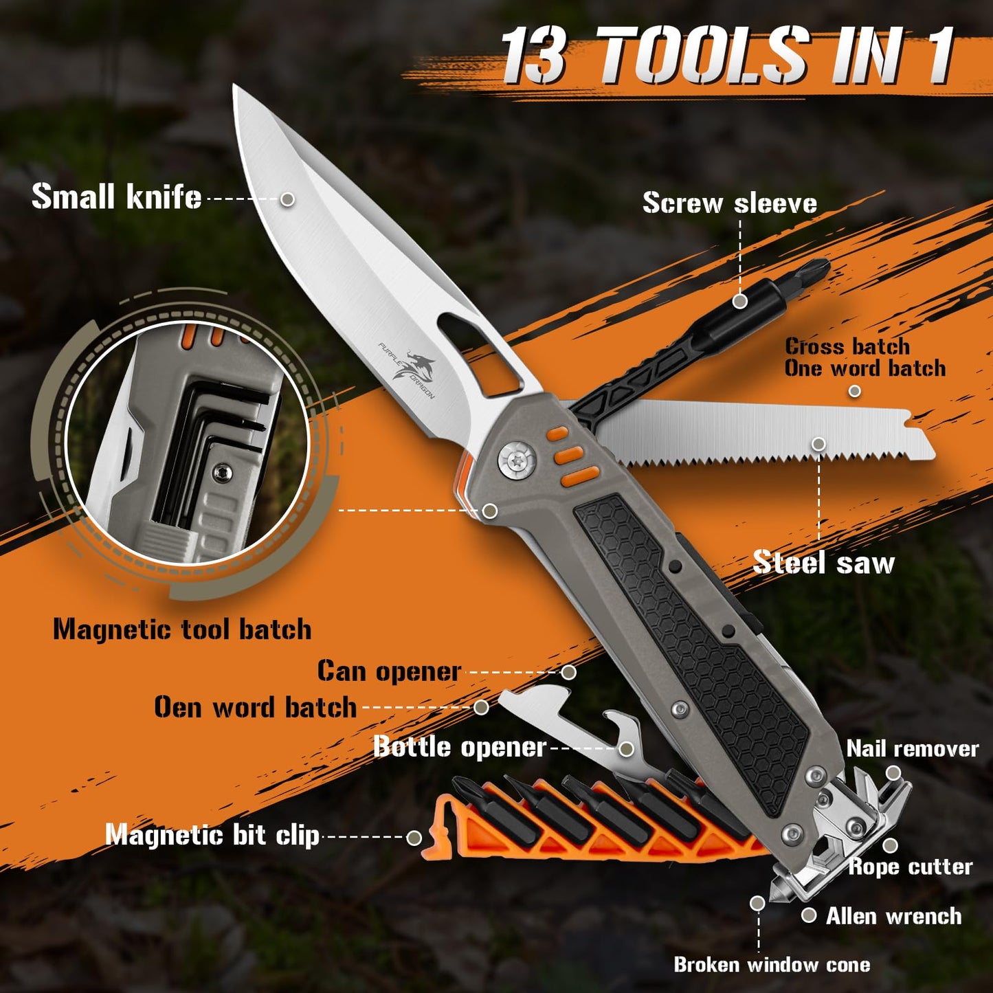 Purple Dragon Multitool,13-in-1 Pocket Knife with Sheath,Perfect for Camping, Hiking & Outdoor Use, Gift for Men Dad Husband– Grey
