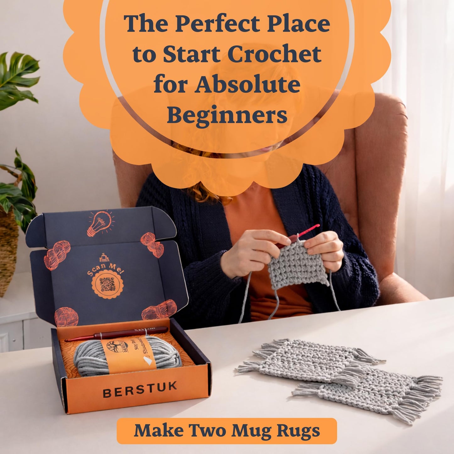 Berstuk Level 1 Absolute Beginner Crochet Kit for Adults - Crochet Starter Kit Beginner for Adults - Learn to Crochet with Expert Video Tutorials - Perfect DIY Gift