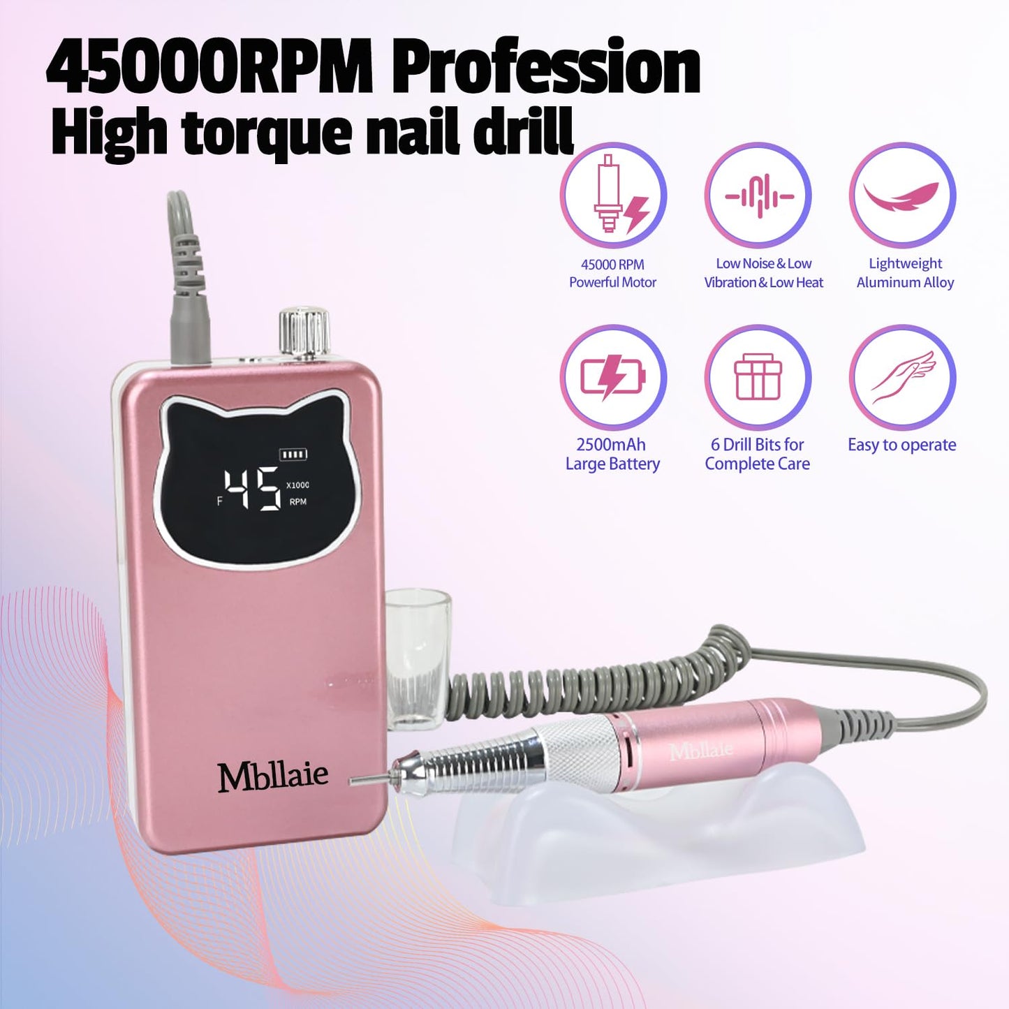 Professional Nail Drill File 45000RPM Electric Portable Nails Drills Kit with Rechargeable 7 uñas Bits Cordless Efile for Poly Gel Acrylic Nails Remover Home Salon Pedicure Manicure Tool (Rose Pink)