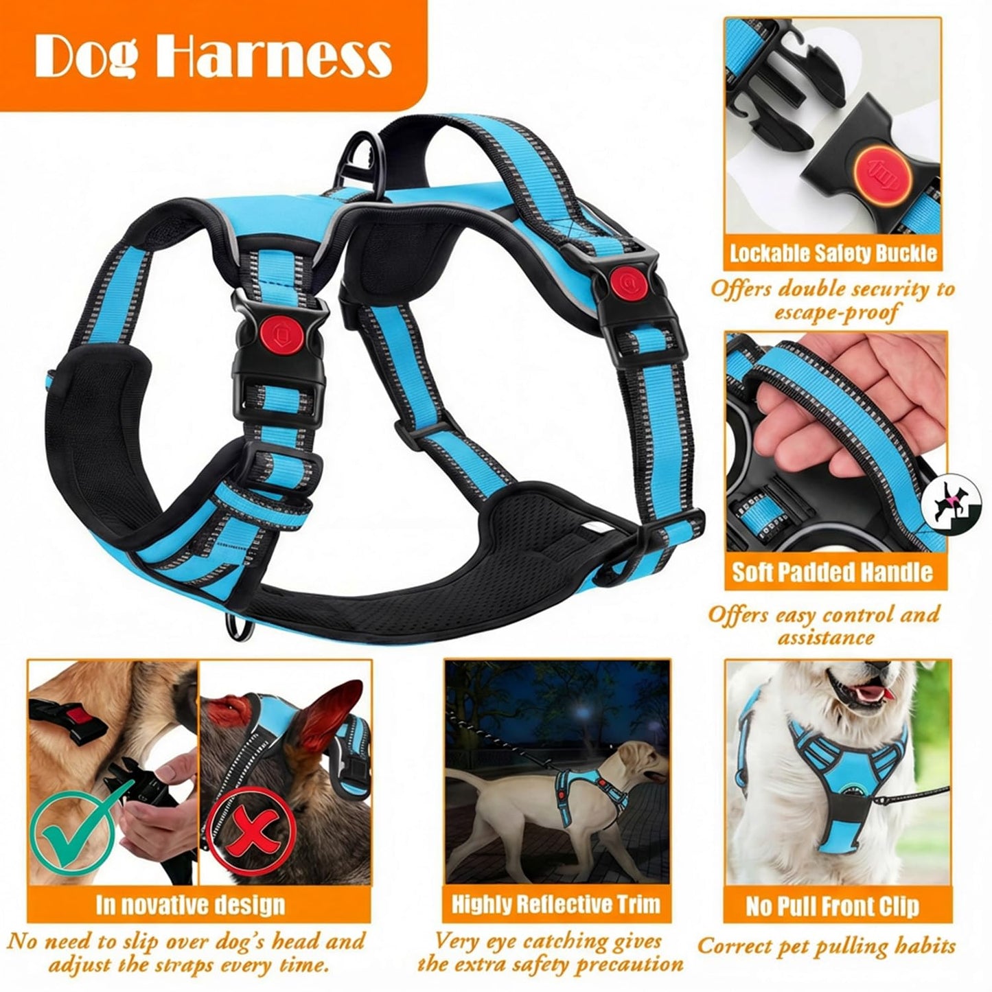 LOBEVE No Pull Dog Harness, Collar & Leash Set | Includes Dog Seat Belt, Collapsible Bowls & Poop Bag Dispenser. Ideal for Training, Walking, Hiking. Fits Small to Large Dogs(Blue-S)