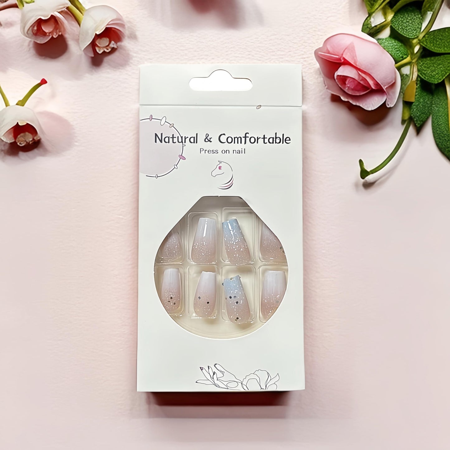 Square Press on Nails Medium Fake Nails Blue Ombre False Nails with Glitter Designs Polygon Sequins Acrylic Glue on Nails with Blue White Gradient Glitter Bling Stick on Nails for Women Girls 24 Pcs