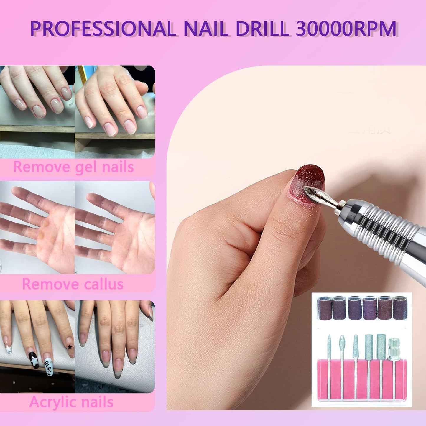 SUILU Electric Nail Drill File Professional,30000 RPM Portable Nail Drill Machine Kit Manicure Pedicure Tools Polishing Set with Nail Drill Bits Sanding Bands ﻿ (Dazzling Purple)