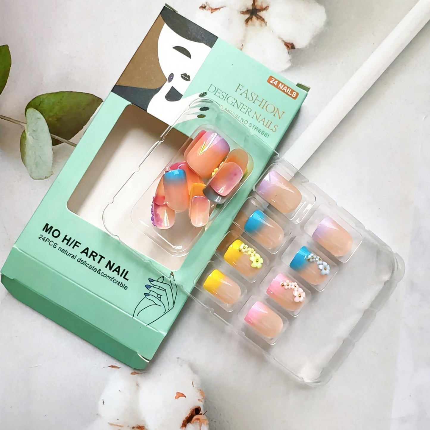 Flower Press on Nails Short Square Fake Nails Spring False Nails with Flowers Charms Design Gradient Colorful Artificial Nails Full Cover Glossy Summer Floral Stick on Nails for Women DIY Manicure