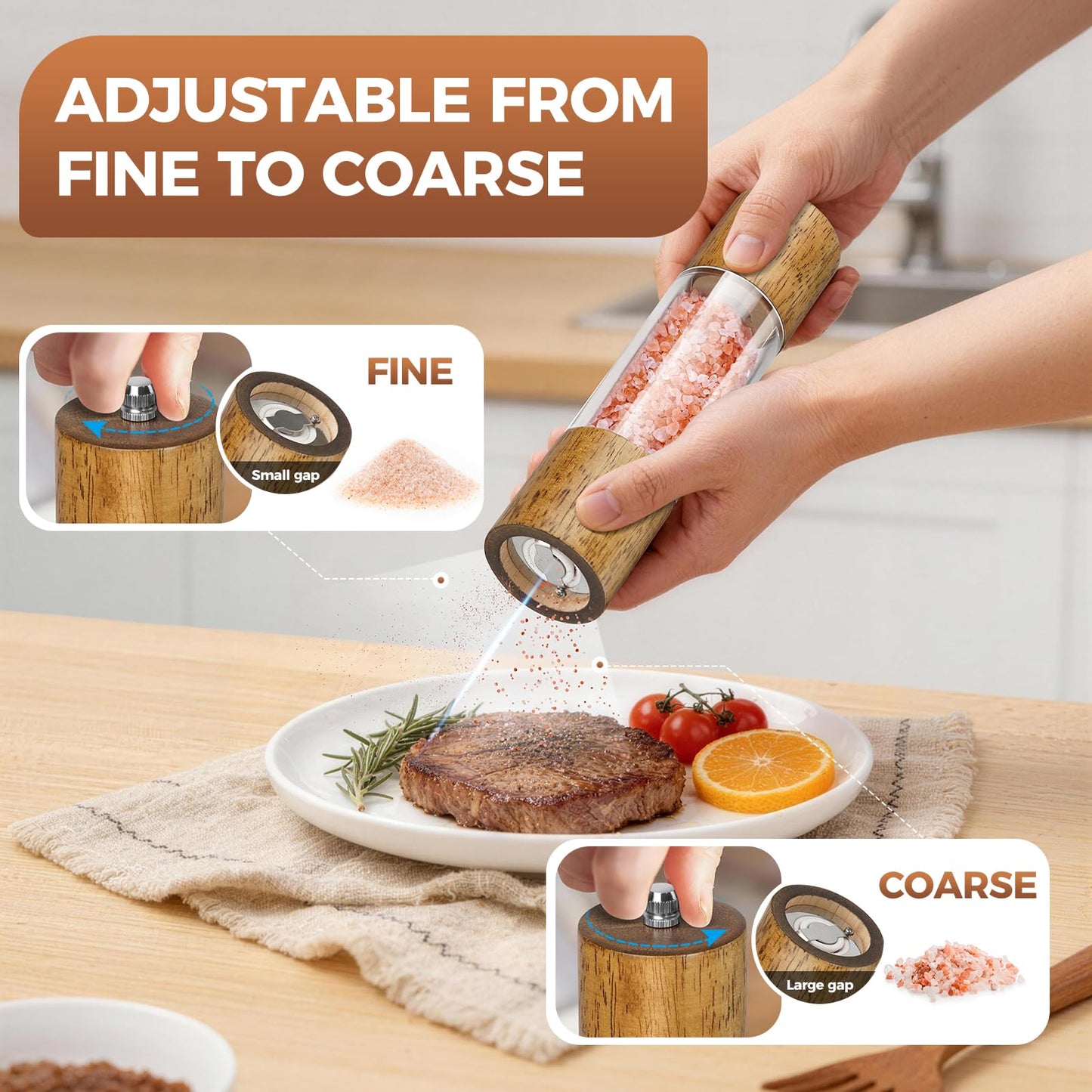 JTGILKFR 2-Pack Wooden Salt and Pepper Grinder Set - 8 Inch Manual Adjustable Ceramic Grinding, Refillable Acrylic Salt and Pepper Grinder Set, Custom Coarse to Fine Settings, for Home Dining & Gifts