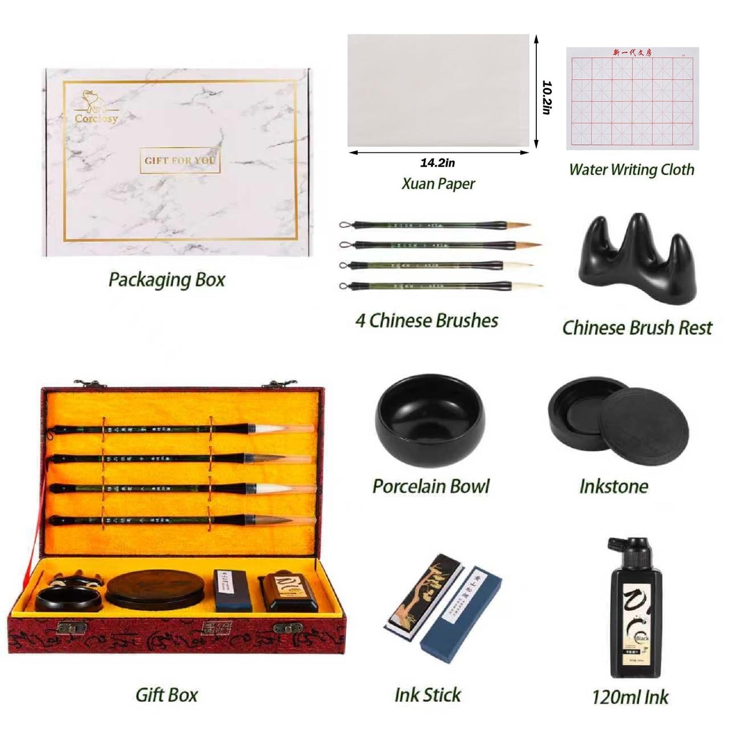Corciosy Chinese Calligraphy Brushes Set,Professional Sumi Water Writing, Japanese Painting Set for Beginners