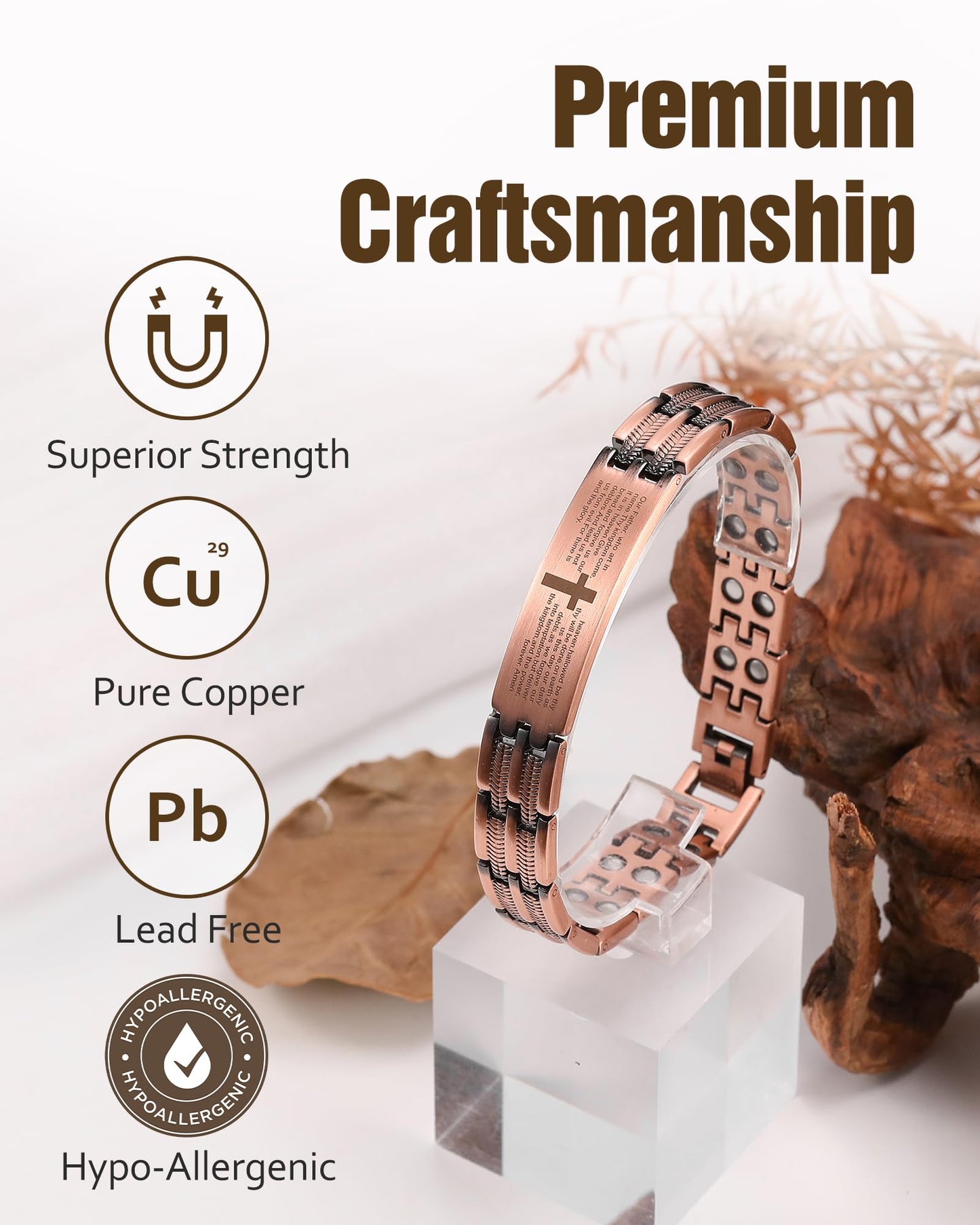 Jecanori Copper Cross Bracelet for Men, 2X Strength Magnetic Bracelets with 3500 Gauss Magnets, Adjustable Copper Jewelry Gift