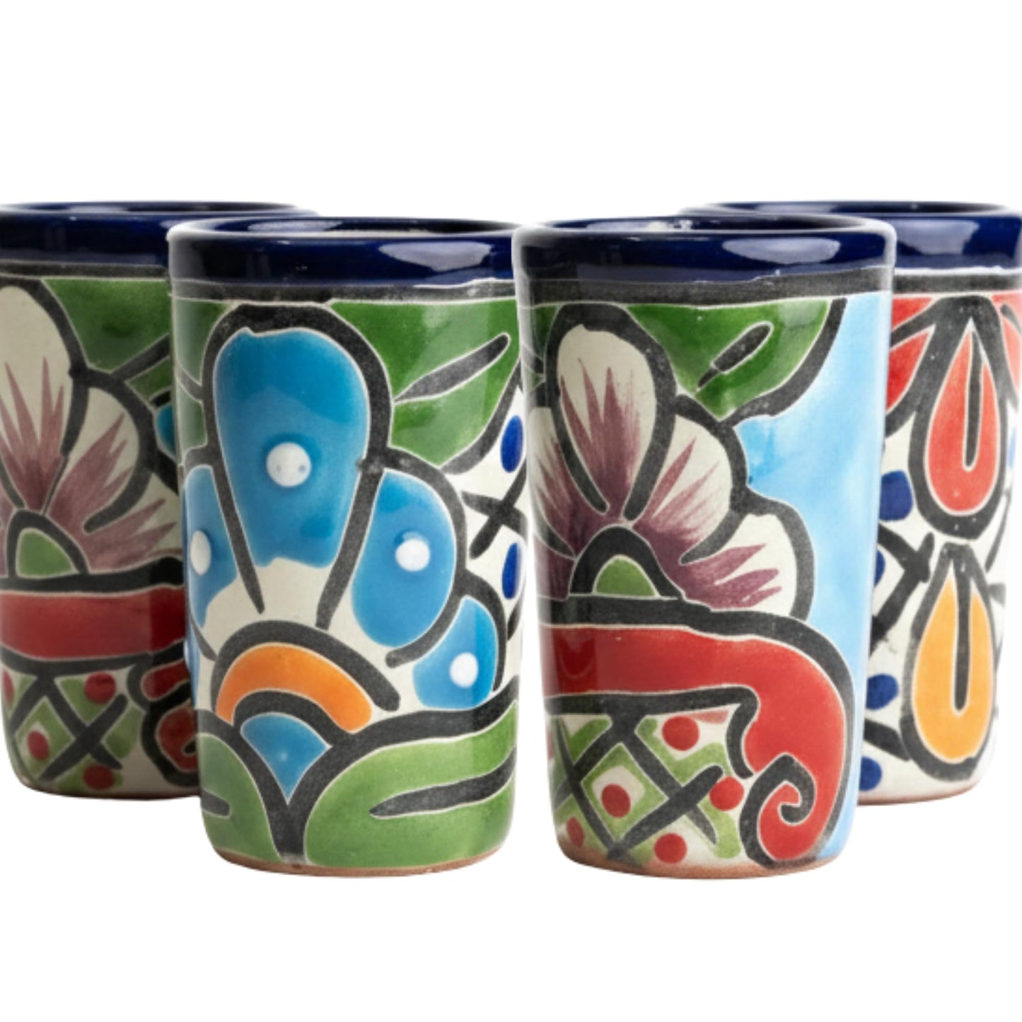 MEXTEQUIL - Talavera Shot Glasses Set of 4 Authentic Mexican Tequila Shot Glasses - Hand-painted - 2 Oz (Blue with Green)