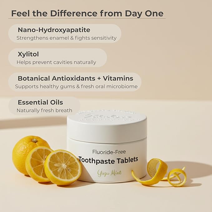 Citrus Yuzu Mint Fluoride-Free Toothpaste Tablets with Nano Hydroxyapatite | Natural Whitening, Enamel Strengthening, Plastic-Free & Travel-Friendly (1 Month Refill + Tin)