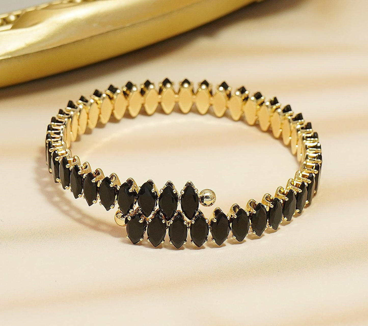 Wovanoo Rhinestone Cuff Bracelet Cubic Zirconia Tennis Bracelets Open Adjustable Bangle for Women Gold Black