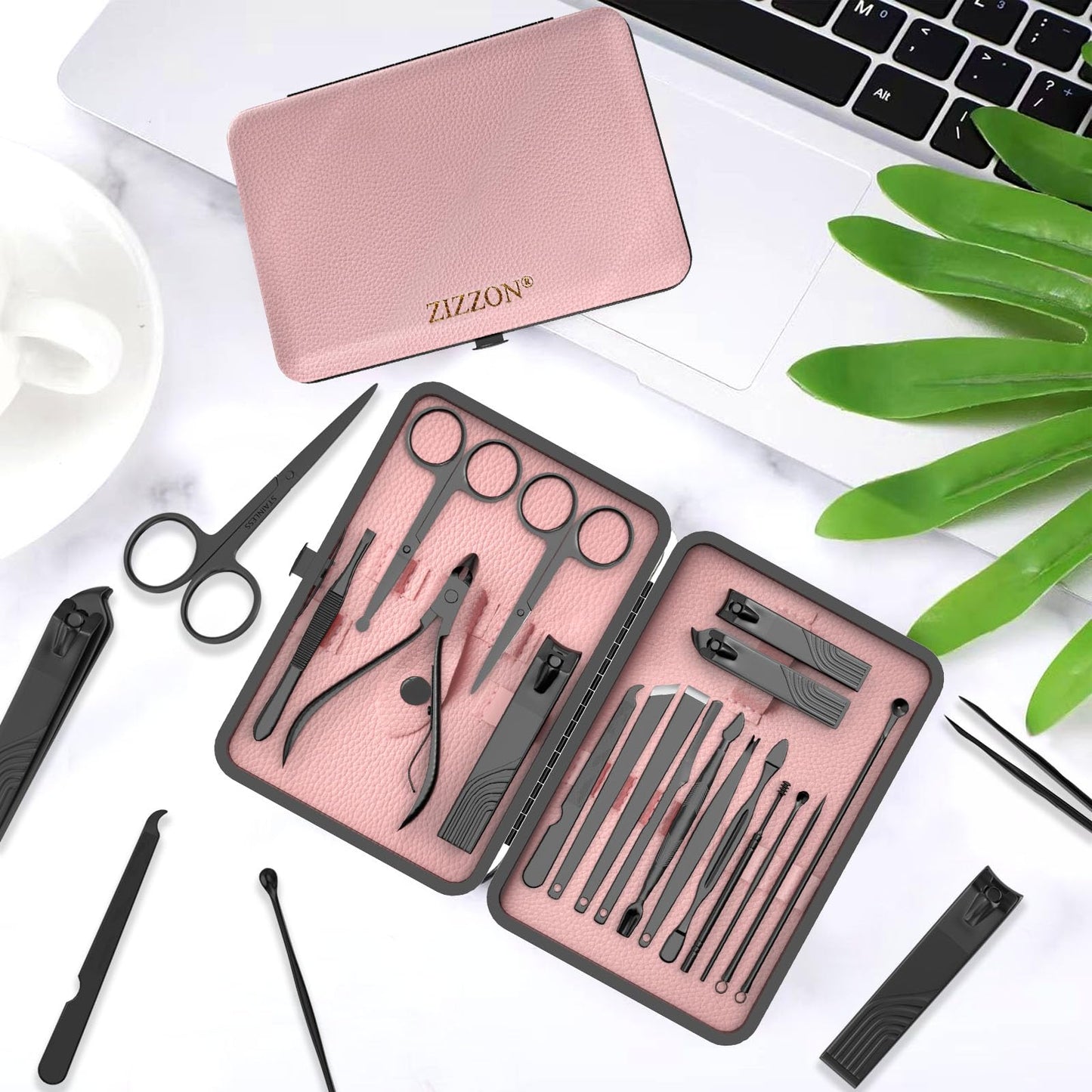 ZIZZON Nail Clippers Manicure Pedicure Set 18 in 1 Nail Grooming Kit with Leather Travel Case(Black/Pink)