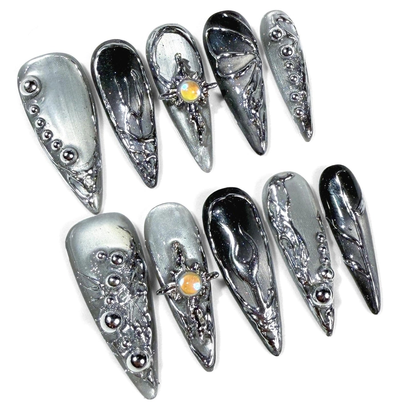 Handmade 3D Metallic Futuristic Stiletto Press On Nails, Silver Black Mechanic Artisan Nails Set, Reusable Glossy Press-ons with Tool Kit (S)