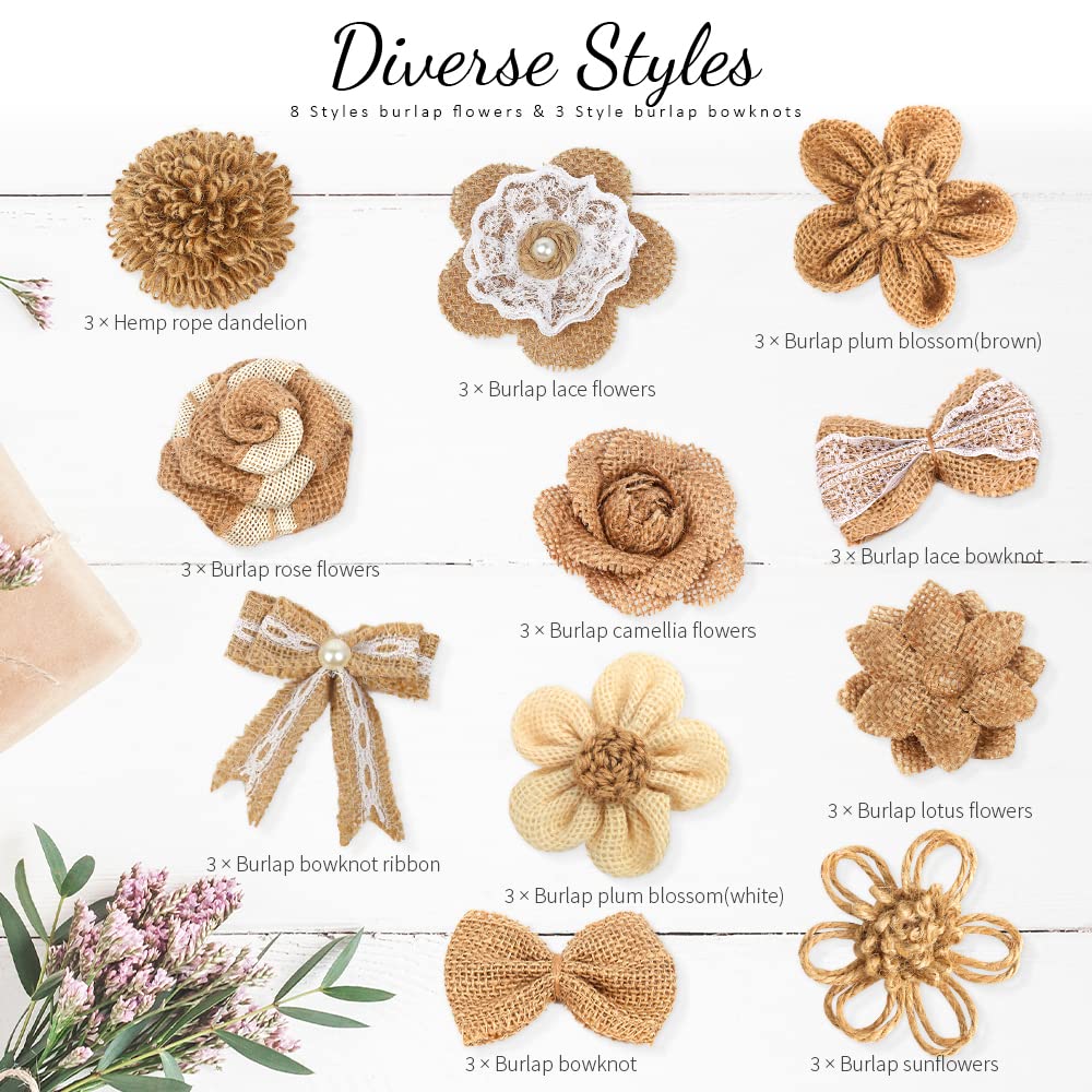LEOBRO 33PCS Handmade Burlap Flowers Set, 8 Styles Rustic Artificial Flowers & 3 Styles Craft Burlap Lace Pearl Bowknot, for Wedding Home Decoration Christmas Party DIY Craft Bouquets