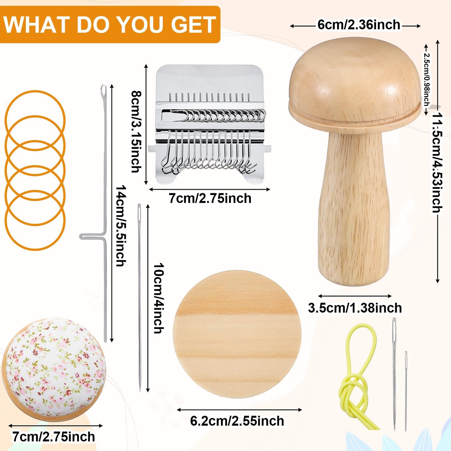 Mini Darning Mushroom for Socks Darner Kit Include 14 Hooks Small Weaving Darning Loom 12 Large Eye Needles 50 Colors Thread for DIY Handicrafts Home Sewing Care Weaving Repair Tool