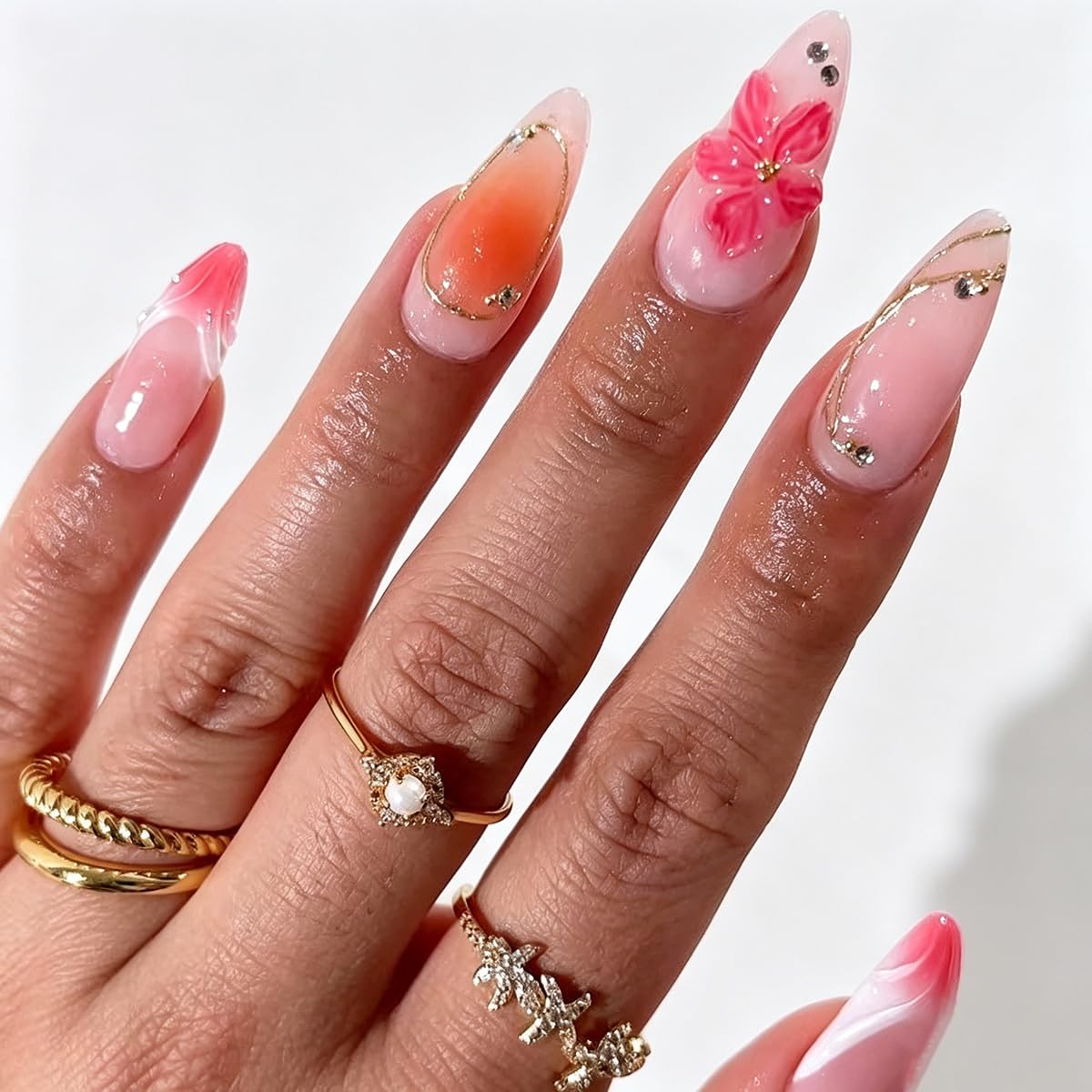 Medium Almond Press on Nails Pink, 3D Flower Fake Nails with Shell Pattern Design, Summer False Nails Press ons Full Cover Glue on Nails for Women Summer Vacation Beach Manicure Kit, 24Pcs