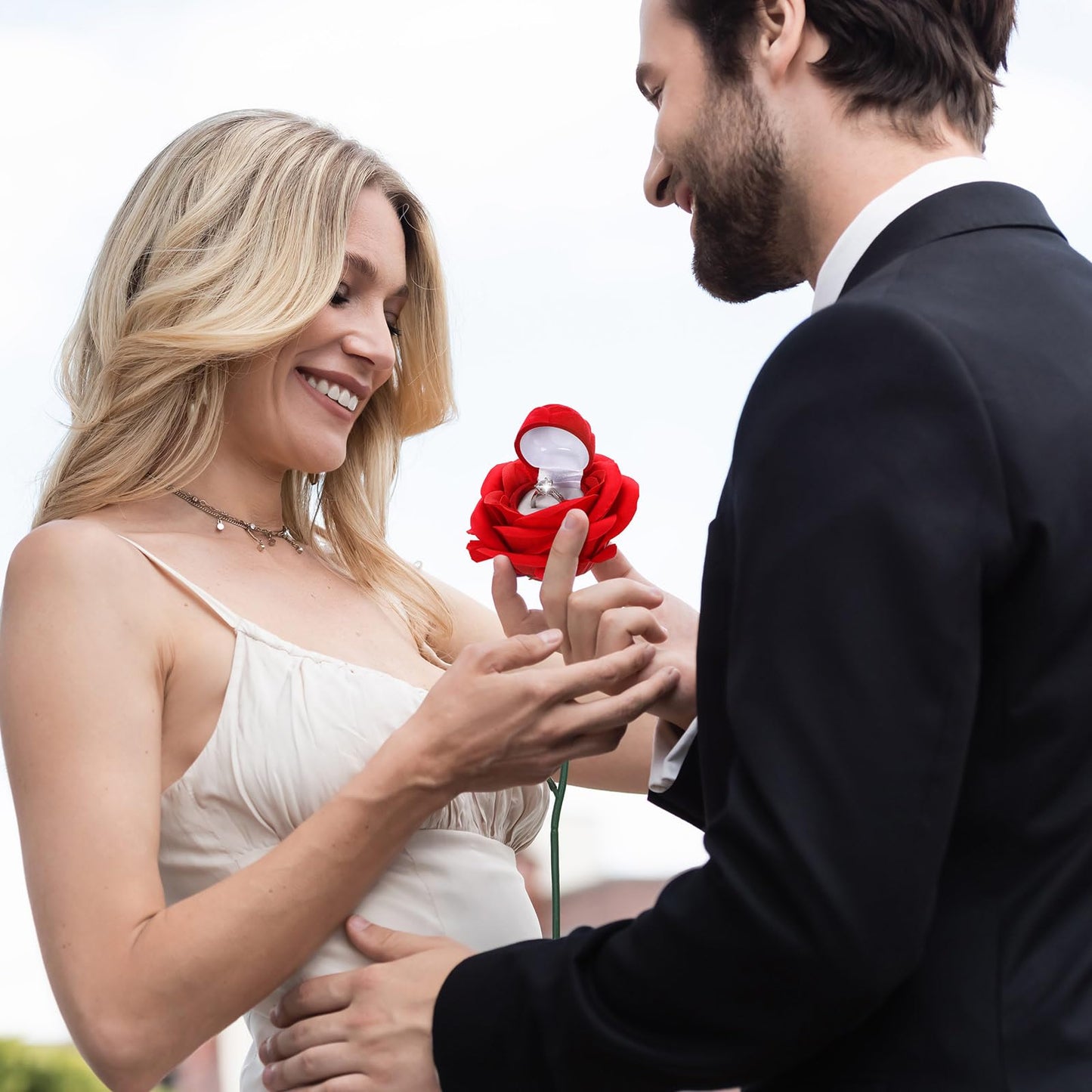 CroBlissful Noble Red Rose Ring Box Jewelry Box Case Engagement Ring Box with Stem for Wedding Proposal(Classic Style)