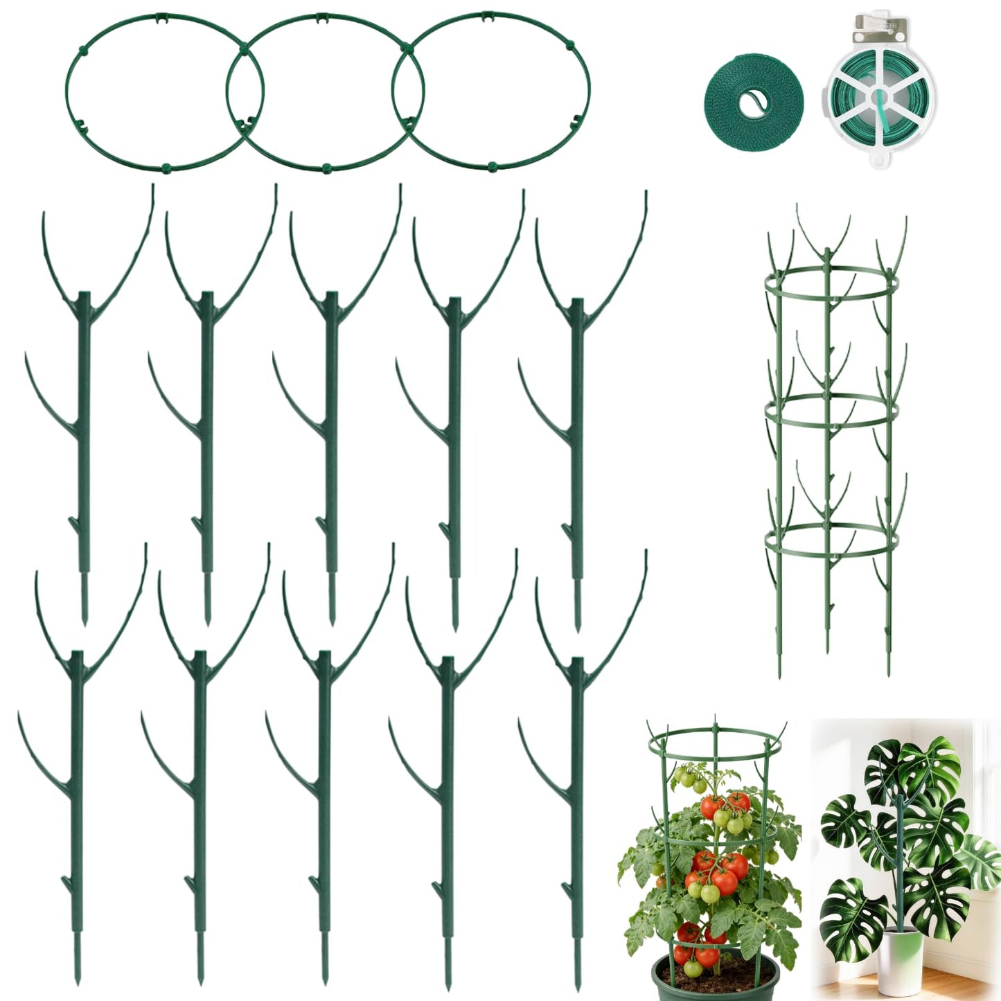 10Pack Stackable Plant Support, 2 in 1 Monstable Plant Stakes & Tomato Cage Kits for Indoor Outdoor Climibing Plants, Durable Alternative to Moss Pole Sticks Trellis for Houseplants Potted