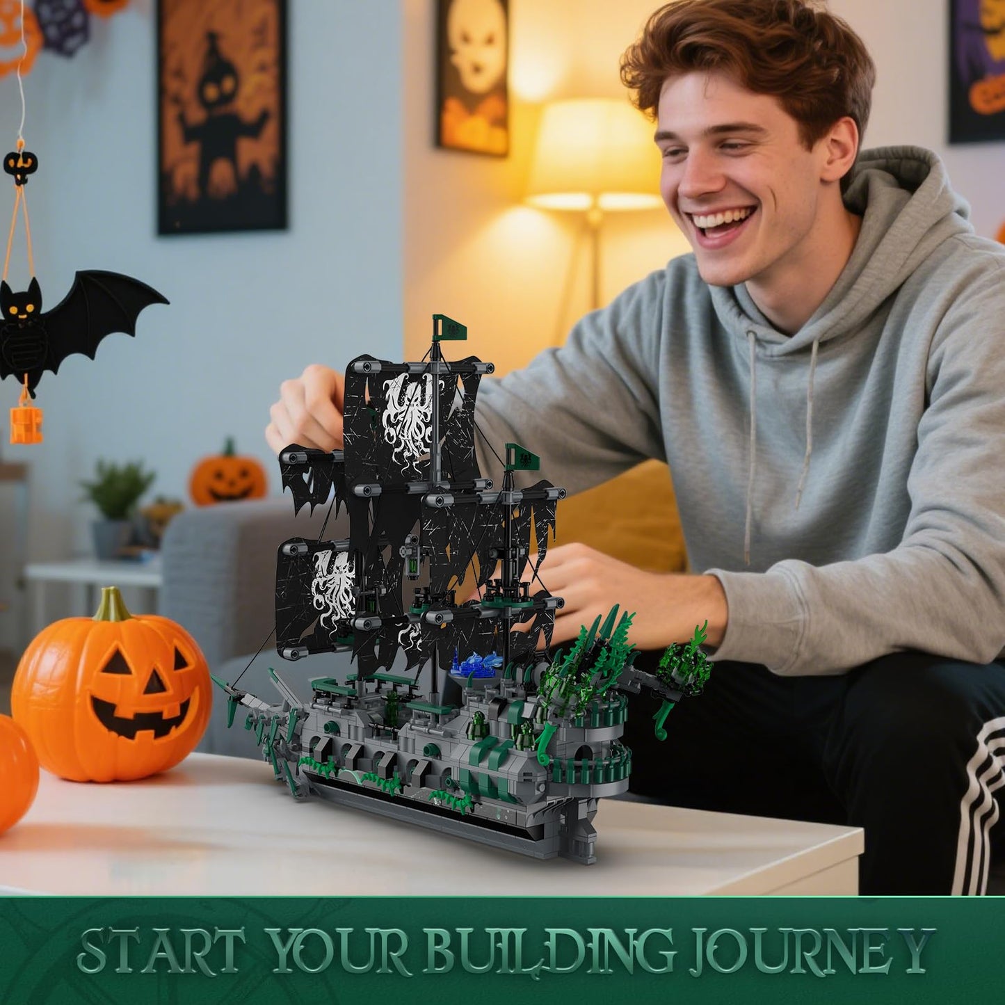 Brihappen Ghost Ship Flying Dutchman Building Blocks Set for Adults (1100 Pieces) - Pirate Ship Model with Light Home Office Collection, Birthday Gifts for Building Blocks Lover