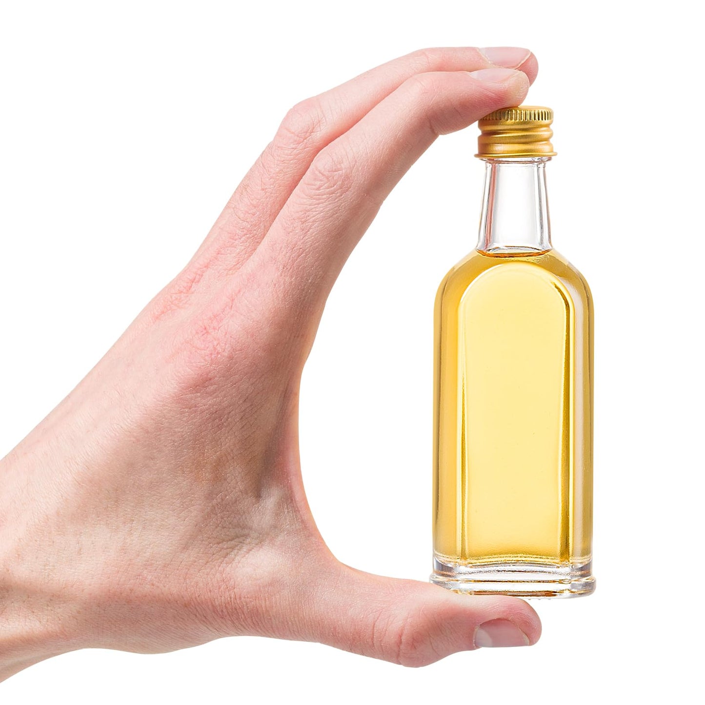 PELLAH GOODS 50 ml (1.7oz) Mini Small Glass Bottles With Leak Proof Gold Caps, Aluminum Lids, 24 Pack, For Liquor Wine Alcohol Ginger Shots Samples Decorative