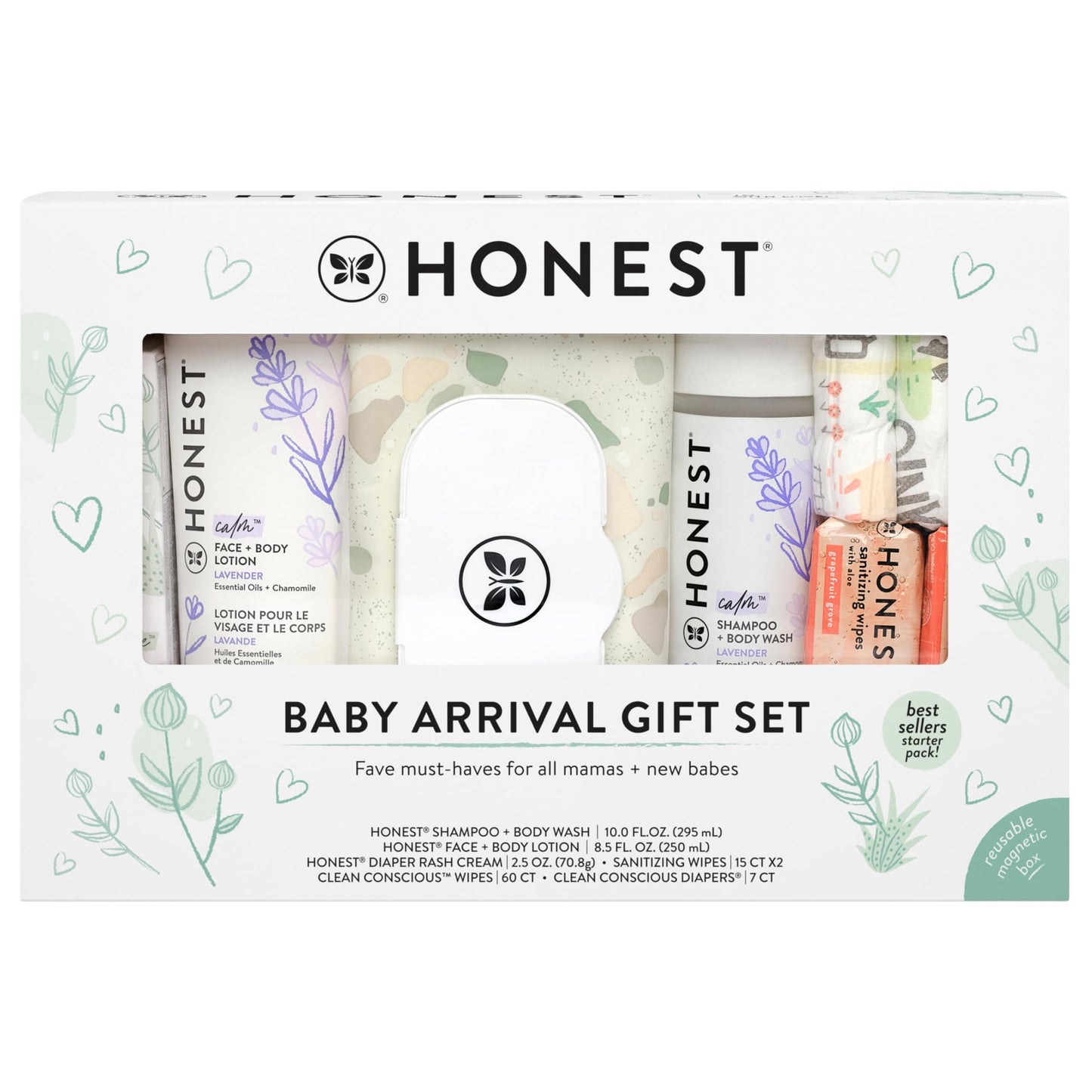 The Honest Company Baby Arrival Gift Set Newborn Essentials Welcome Box, Diapers Wipes Personal Care Diaper Rash Cream
