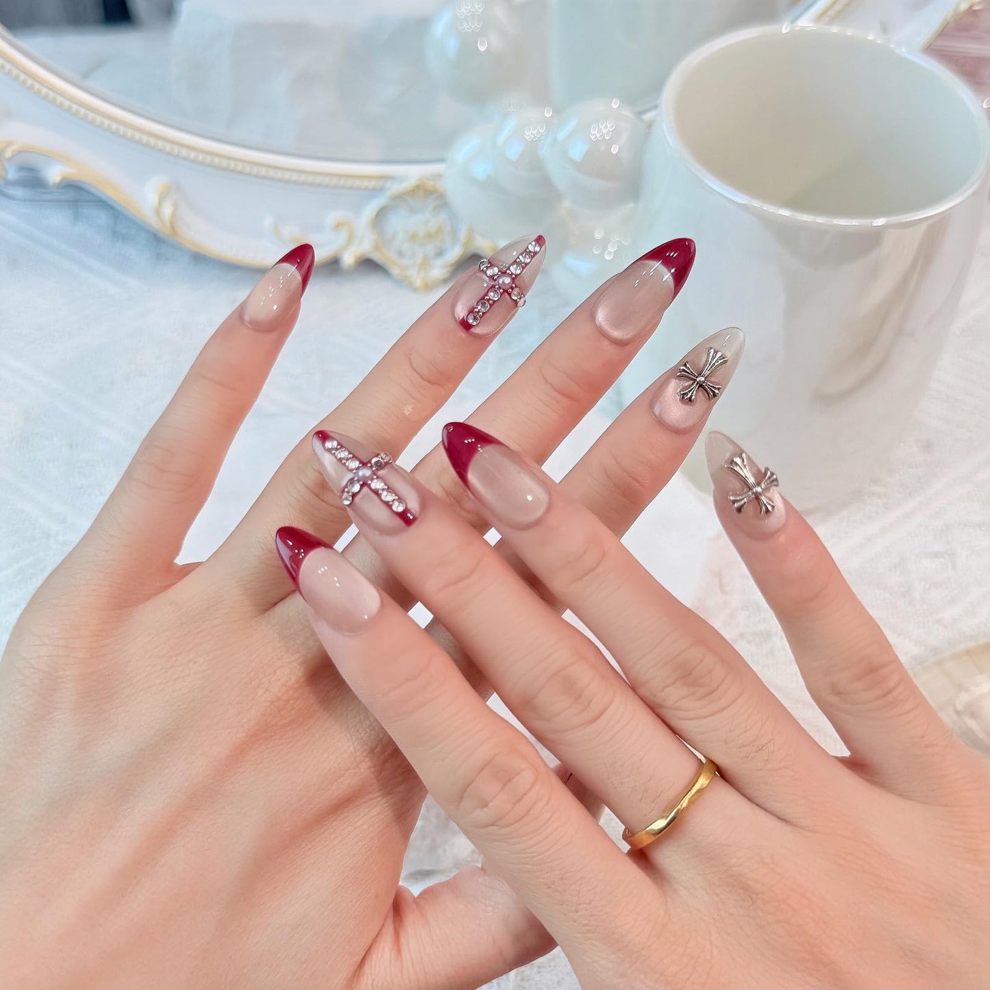 Yacey Handmade Press on Nails Short Almond, Reusable False Nails Press Ons, Red French Tip Thick Acrylic Fake Nails, Gothic 3D Cross Artificial Bling Glossy Glue on Nails for Women Girls (10 Pcs, M)