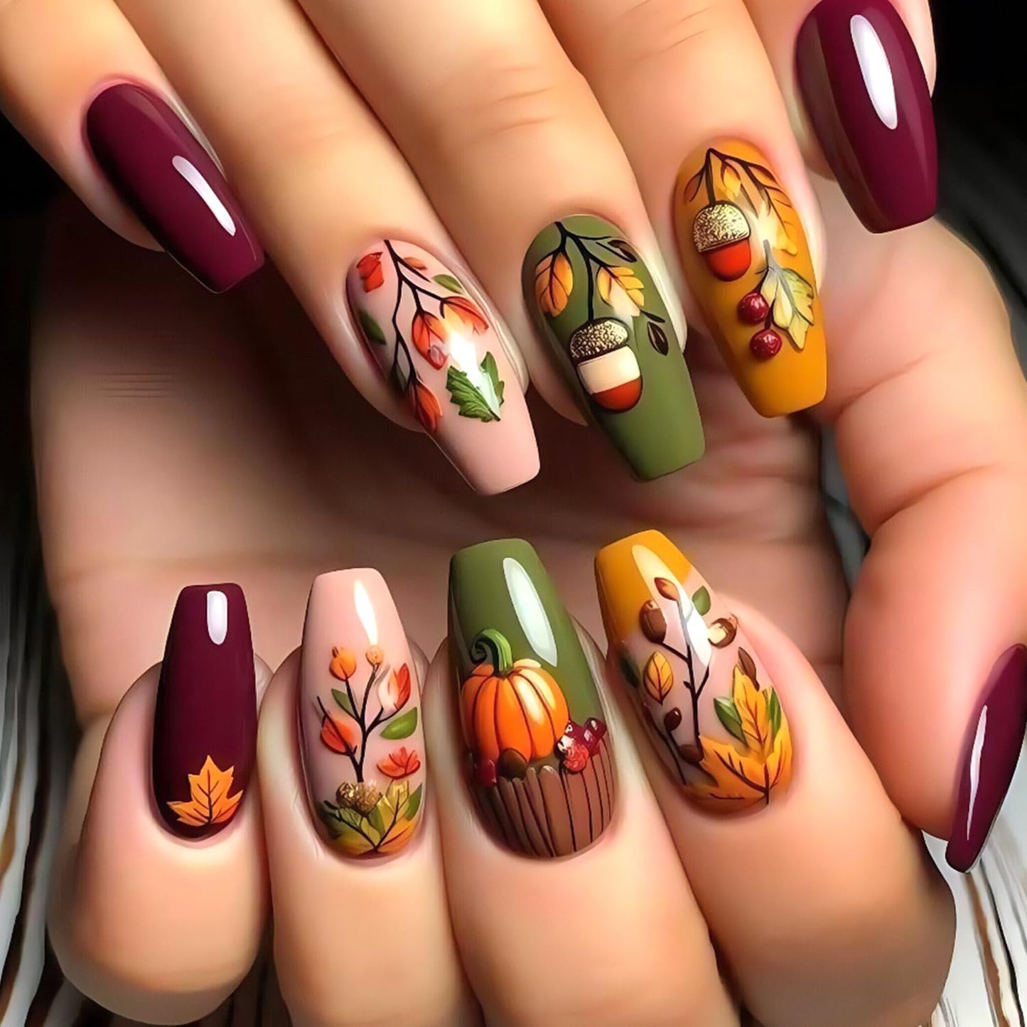 Thanksgiving Press on Nails Medium Ballet Shaped Fall Maple Leaf Pumpkin Pattern Acrylic False Nail Full Cover Glossy Autumn Stick on Nail Festival Artificial Fingernails Glue on Nails for Women 24Pcs