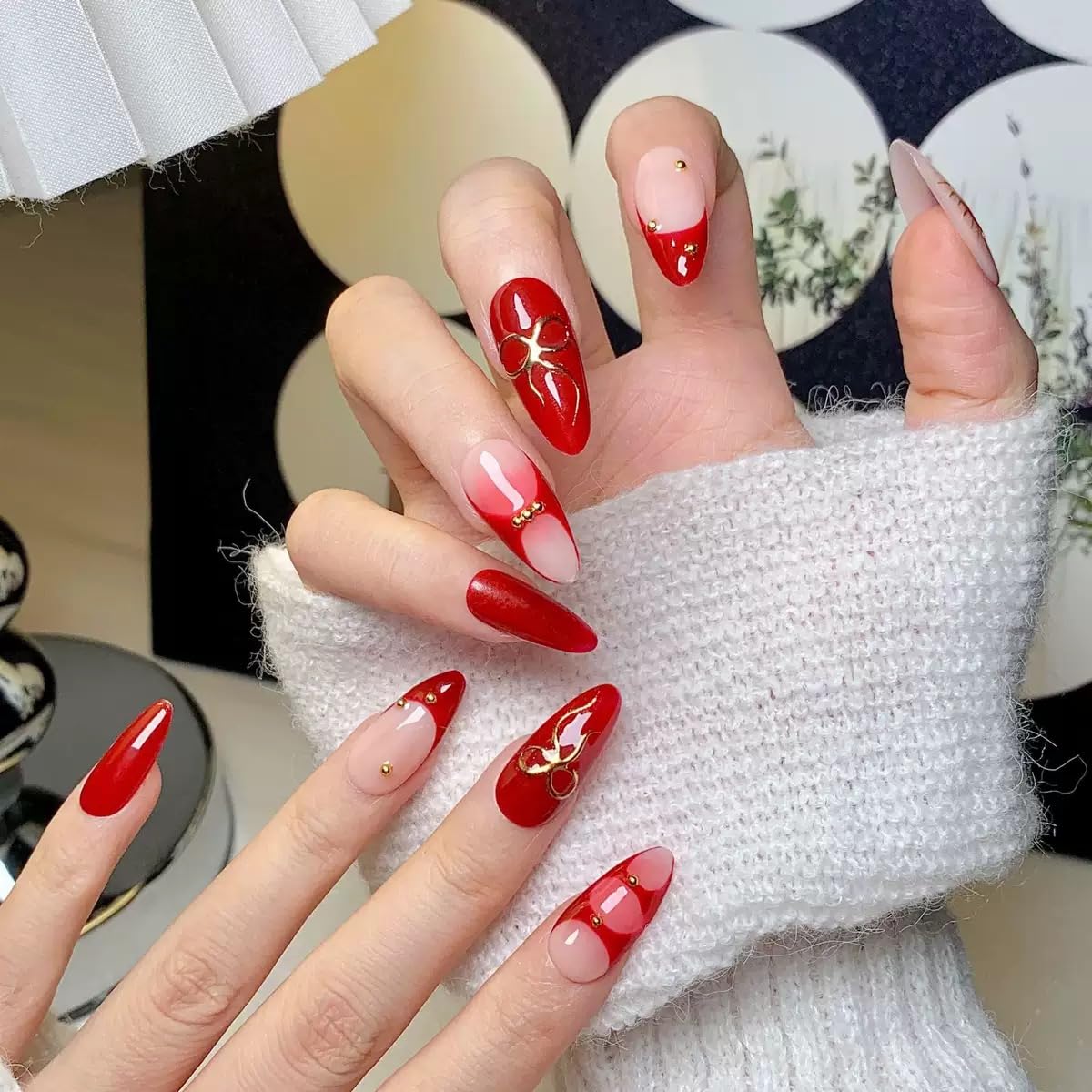 Red Press on Nails Almond - Handmade Fake Nails with Heart Bow Design - Medium, French Tip False Nails for Women - (Size M)