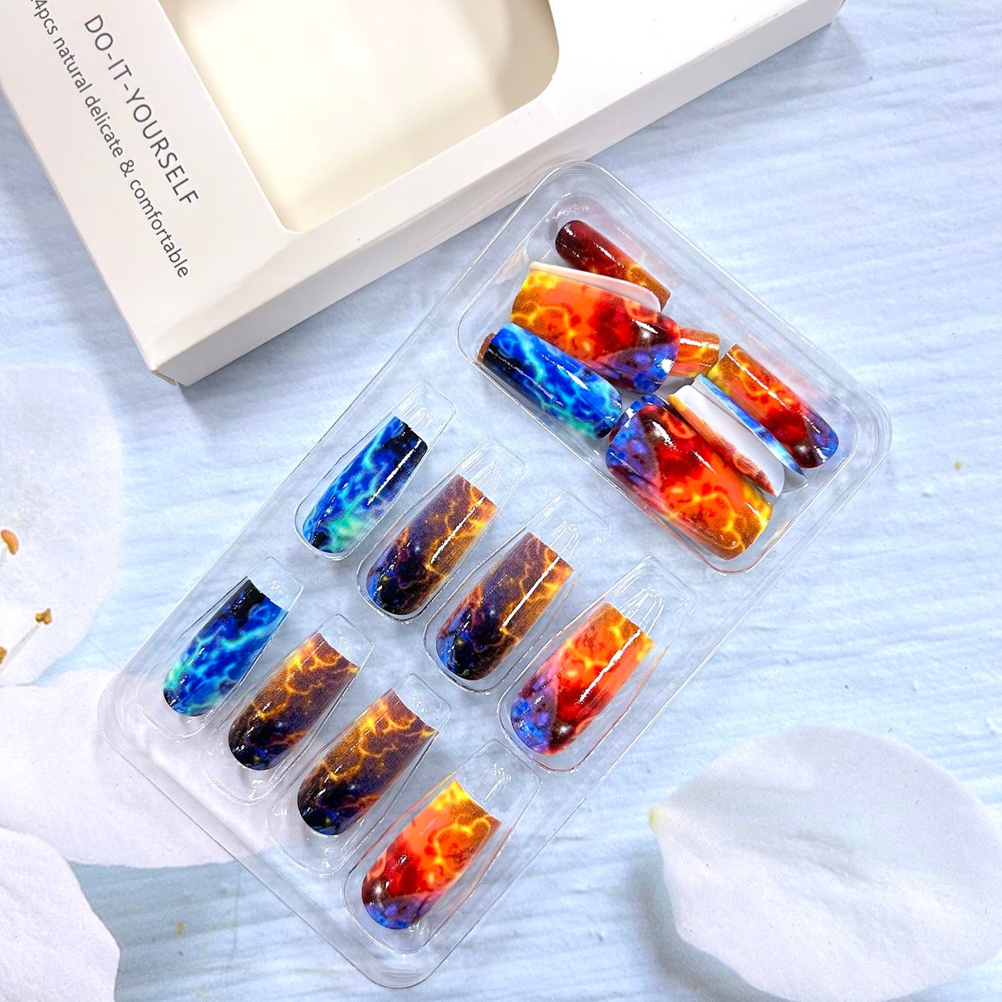 Press On Medium Square Aurora Red and Blue Lightning Design Nails - Full Cover Artificial Acrylic Coffin Nails - Reusable Glue On DIY Stick On for Women - 24Pcs