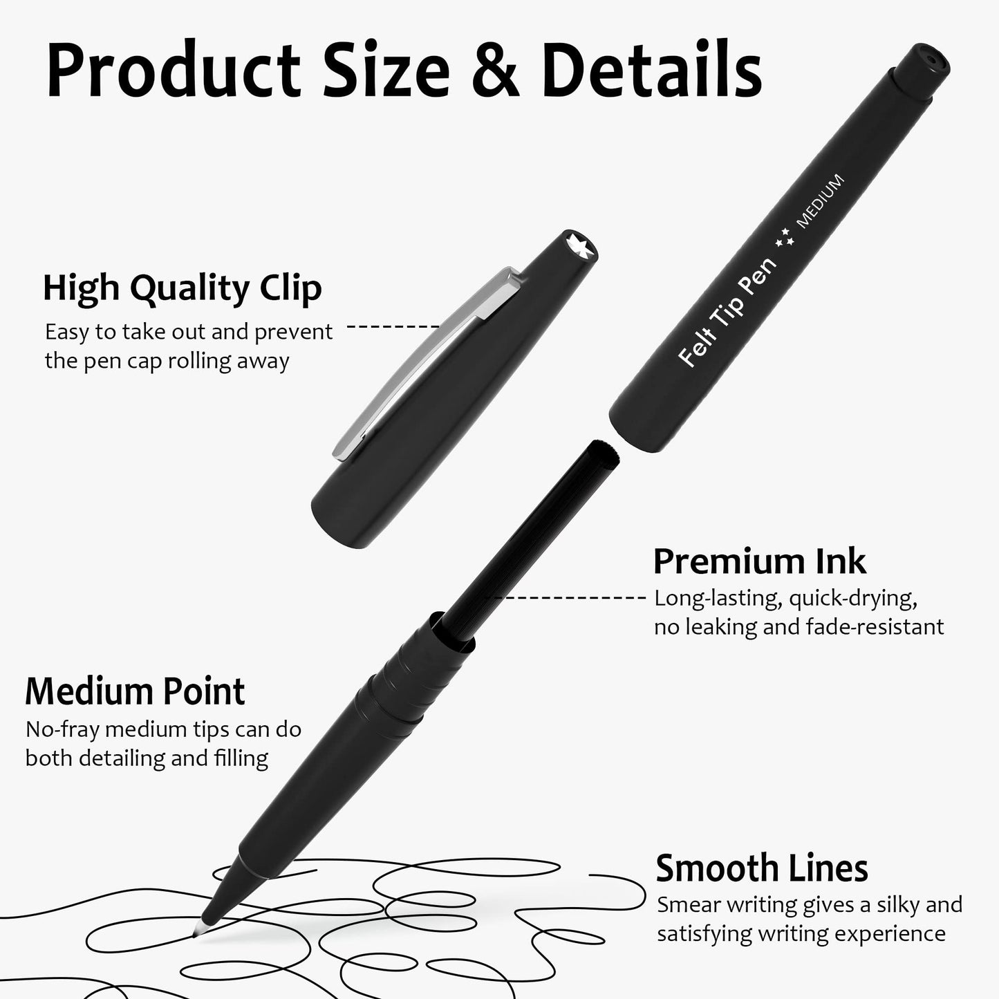 Lelix Felt Tip Pens, 15 Black Pack, 0.7mm Medium Point, Felt Tip Markers Pens for Journaling, Writing, Note Taking, Planner, Perfect for School Office and Art Supplies