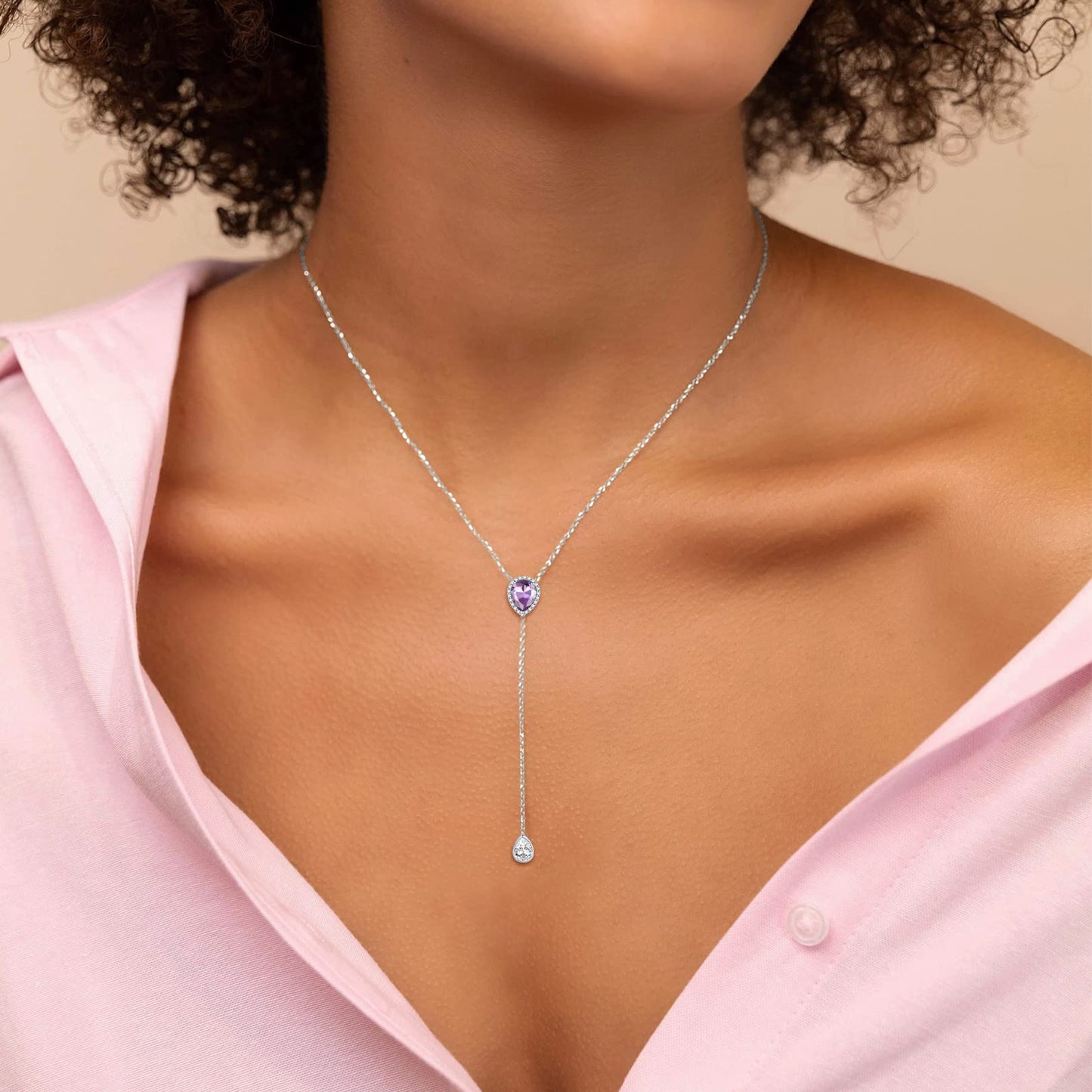 FOCALOOK 925 Sterling Silver CZ Teardrop Lariat Necklace 16"-18" Y Drop Adjustable Birthstone Necklaces for Women