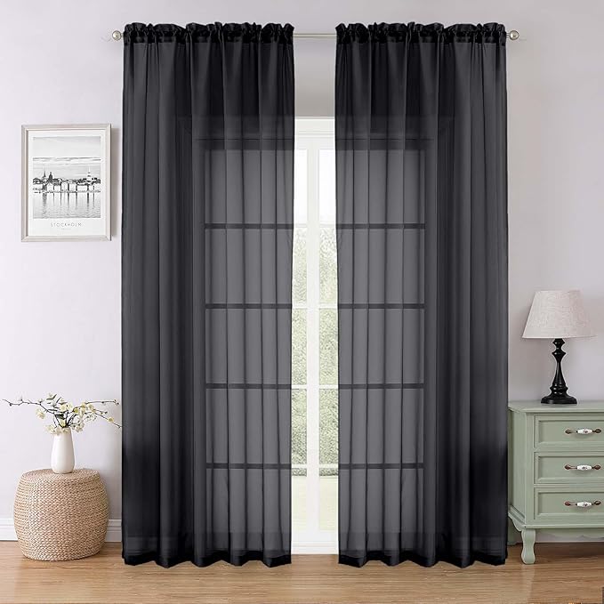 Lecloud Black Sheer Curtains 90 Inches Long 2 Panels, Light Filtering Privacy Voile Curtain Drapes, Airy Extra Wide Dual Rod Pocket Window Treatments for Living Room Bedroom, 59" W x 90" L