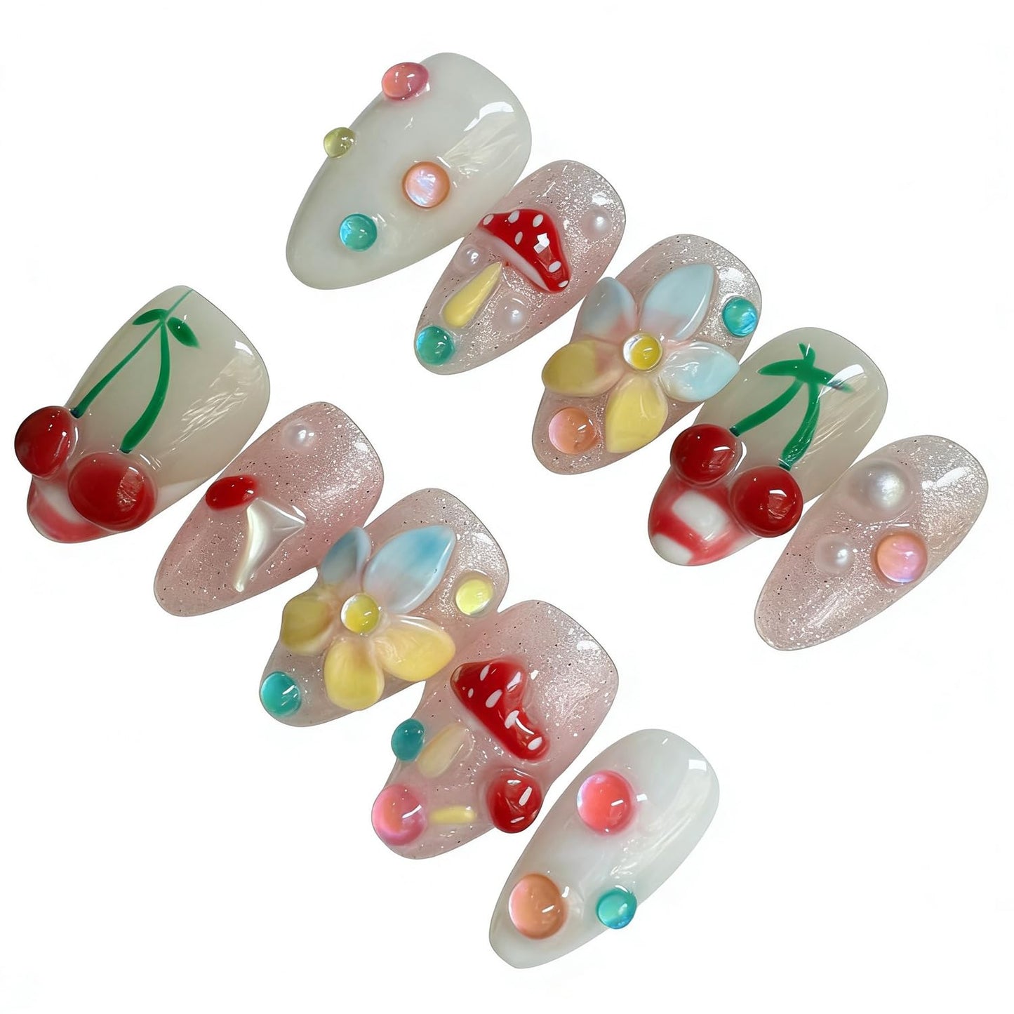 Short Almond Press on Nails Luxury Handmade Nails with Glue,3D Cherry Mushroom Rhinestone Designs False Nails Handmade Nail Press ons Muti-Layer Gel French False Nails for Women (Size S)