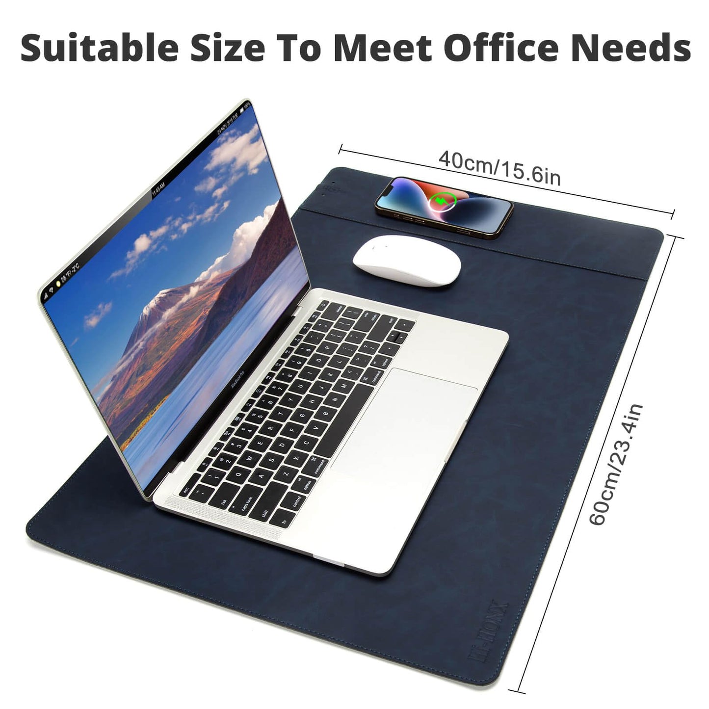 Magnetic Wireless Charging Desk Mat, 23.4"x15.6" Large Office Mouse Pad, Microfiber Leather Mouse Mat with Ultra-Smooth Surface, Waterproof Computer Keyboard Desk Mat for Office & Home, Laptop, Blue