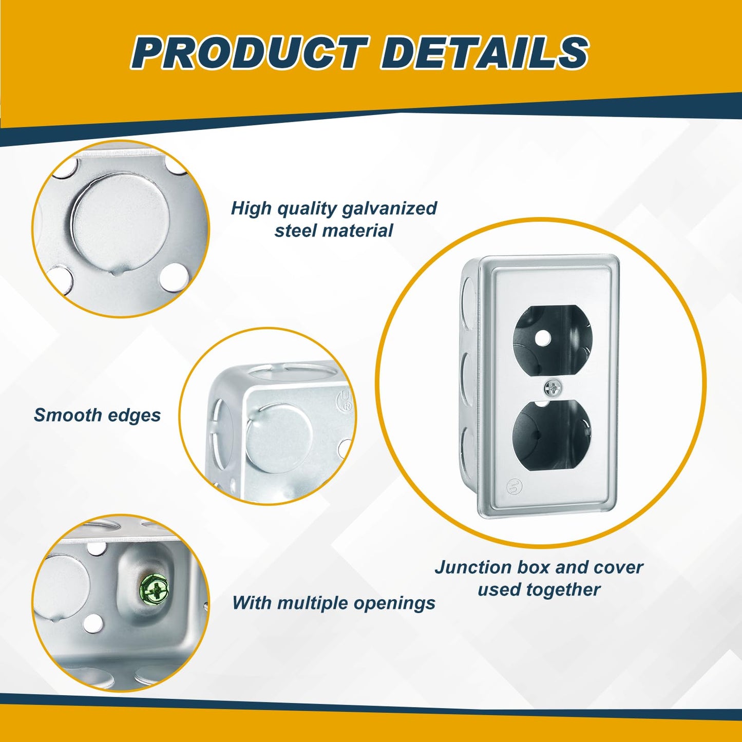 Copkim 8 Set 4 x 2 Inch Electrical Junction Box with Cover Square Plenum Box Galvanized Steel Metal Outlet Boxes, Ten 1/2'' Knockouts, 1-7/8" Deep, 13 Cu. in. Capacity (Duplex Receptacle Cover)