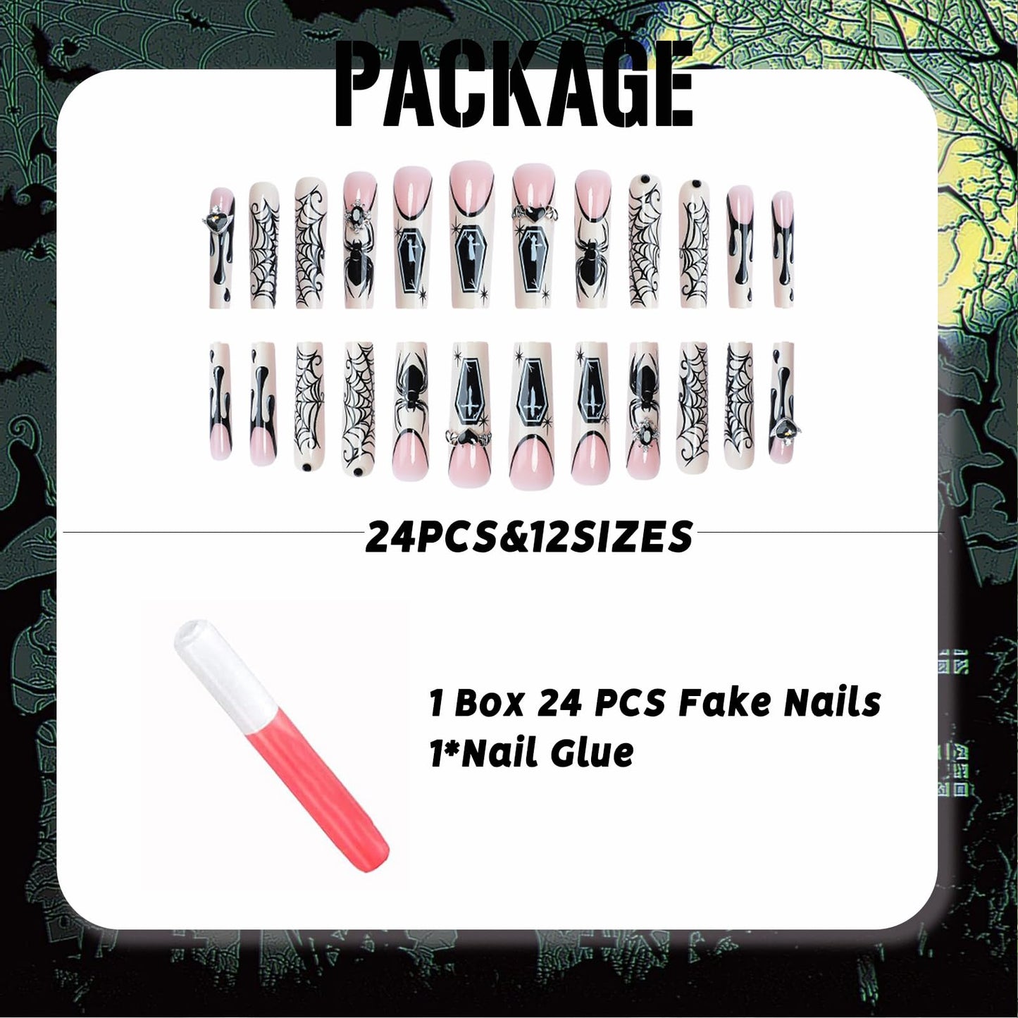 IMSOHOT Halloween Press on Nails Extra Long Square Fake Nails Glossy Acrylic French Tip False Nails with Black Spider Web Designs Goth Gel Glue on Acrylic Nails