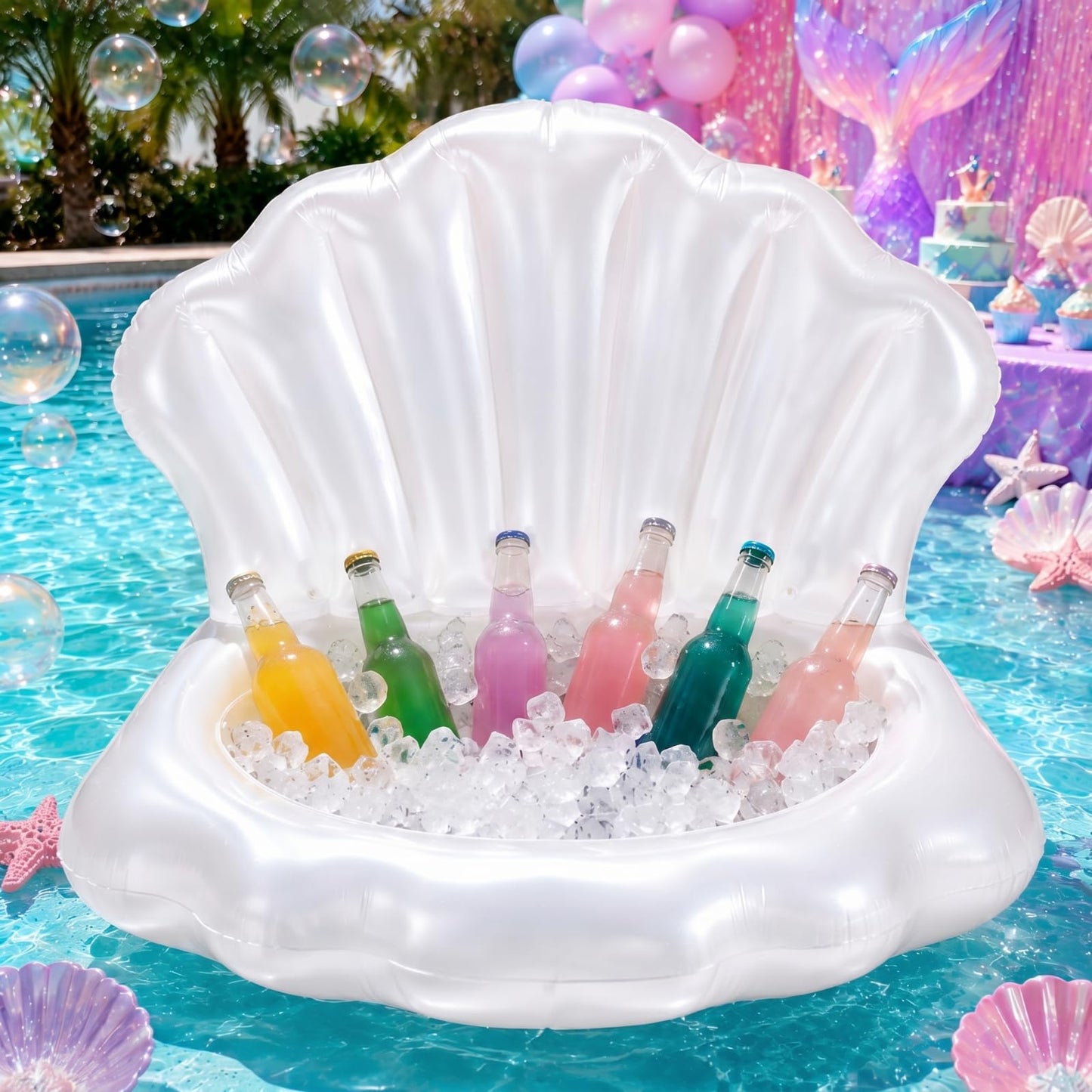 Gemscream 1 Pcs Inflatable Seashell Pool Float Cooler, Mermaid Party Decorations, Blow up Shell Float Drink Holder, Under The Sea Theme Party Supplies for Summer Pool Beach Decor (White)