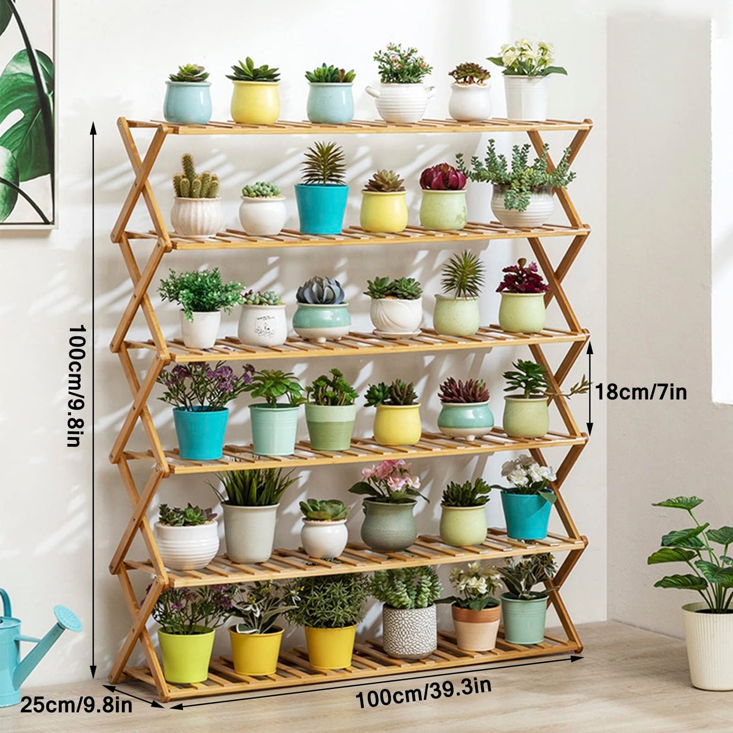 Tall Plant Stand No Assembly Required 6-Tier Foldable Bamboo Plants Shelves for Indoor Outdoor, Large Capacity Flower Pot Holder for Multiple Plants for Living Room, Patio, Balcony, Office