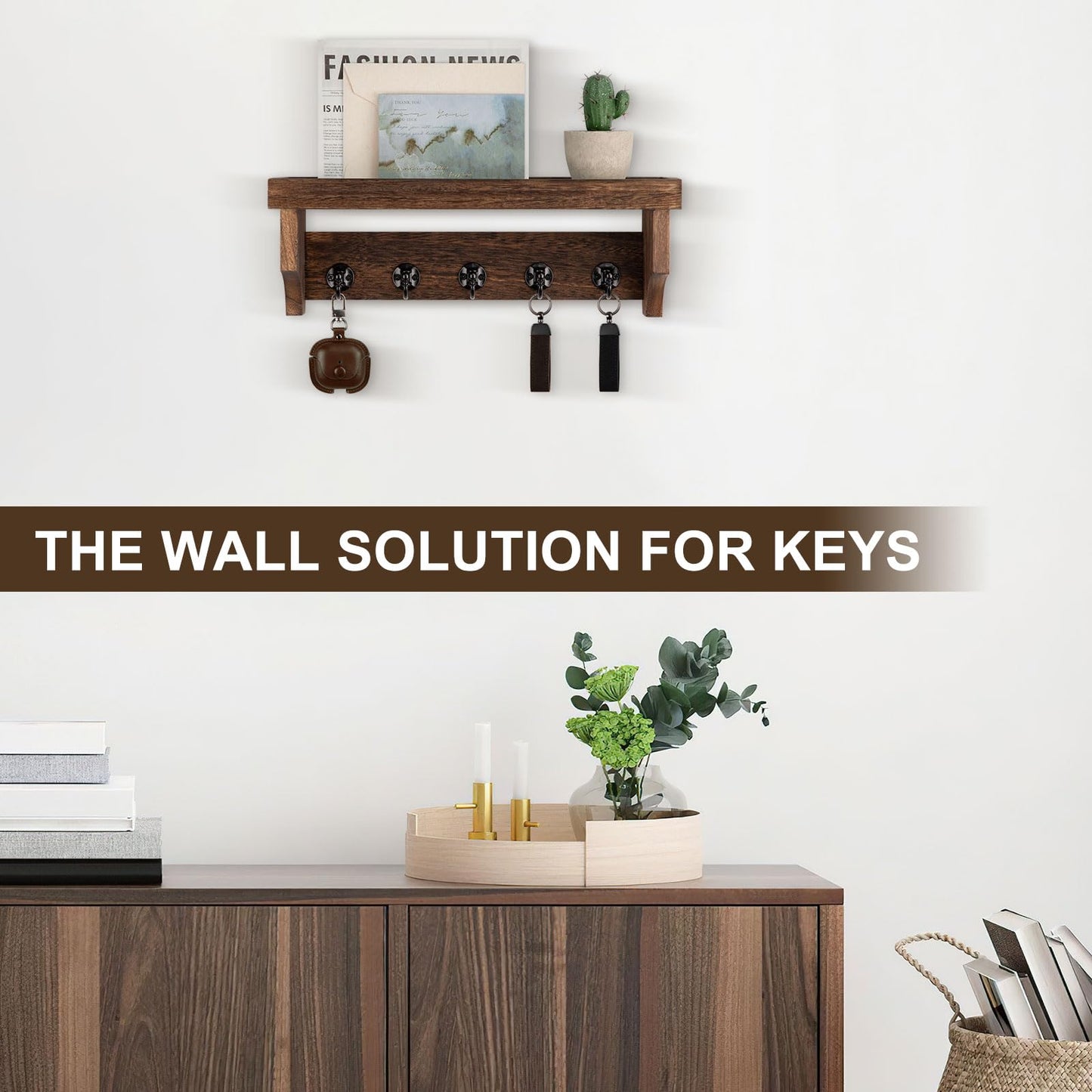Lucundm Key and Mail Holder Wall Mount, Key Holder with Shelf and Mail Organizer Wall Mount. Mail Holder with 5 Hooks for Coat, Dog Leash, Home Decor Rack, Entry Way Organizer (Brown)